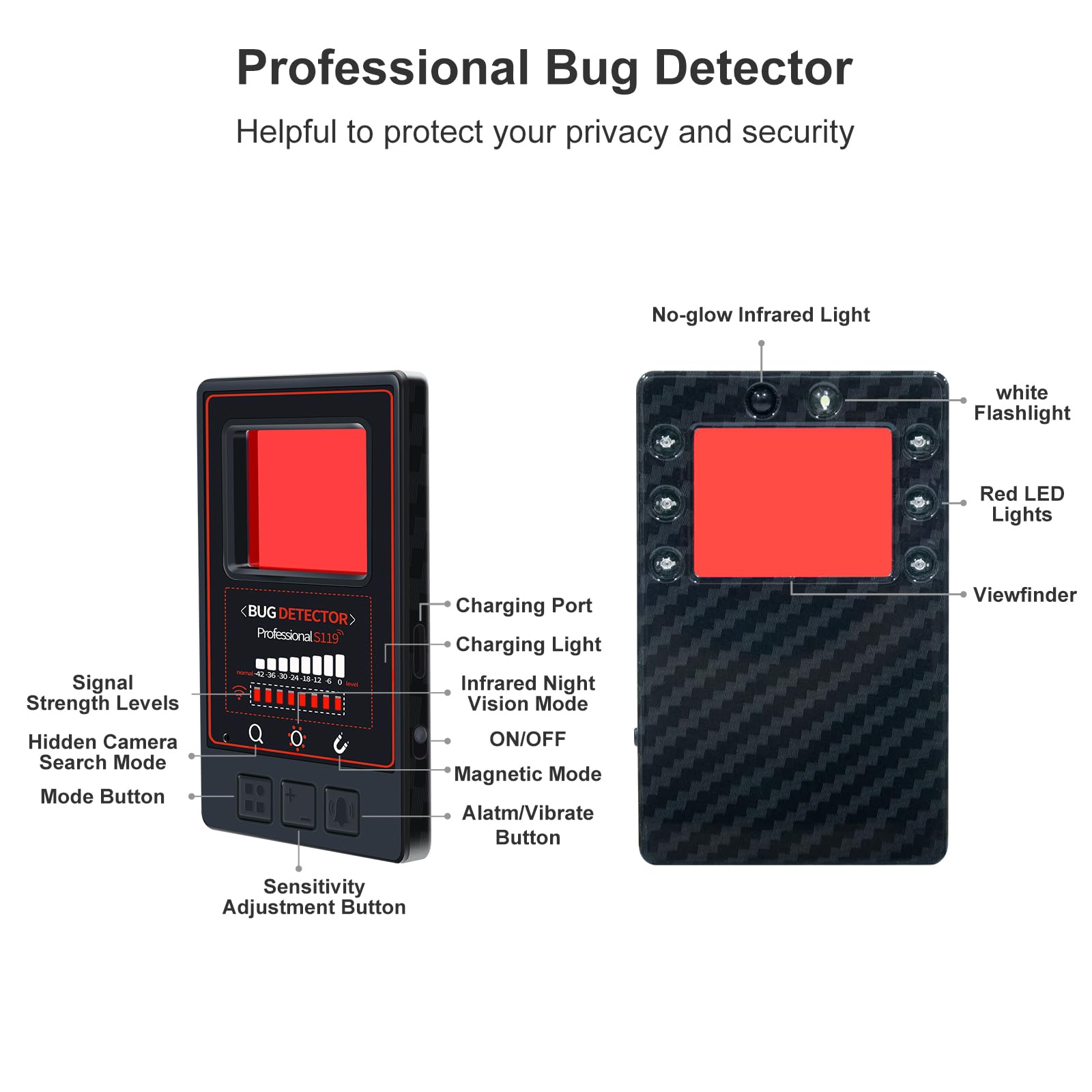 Hidden Camera Detectors, Professional Rf Bug Detector Anti Spy Camera Finder, Gps Tracker Listening Devices Wireless Signal Scan