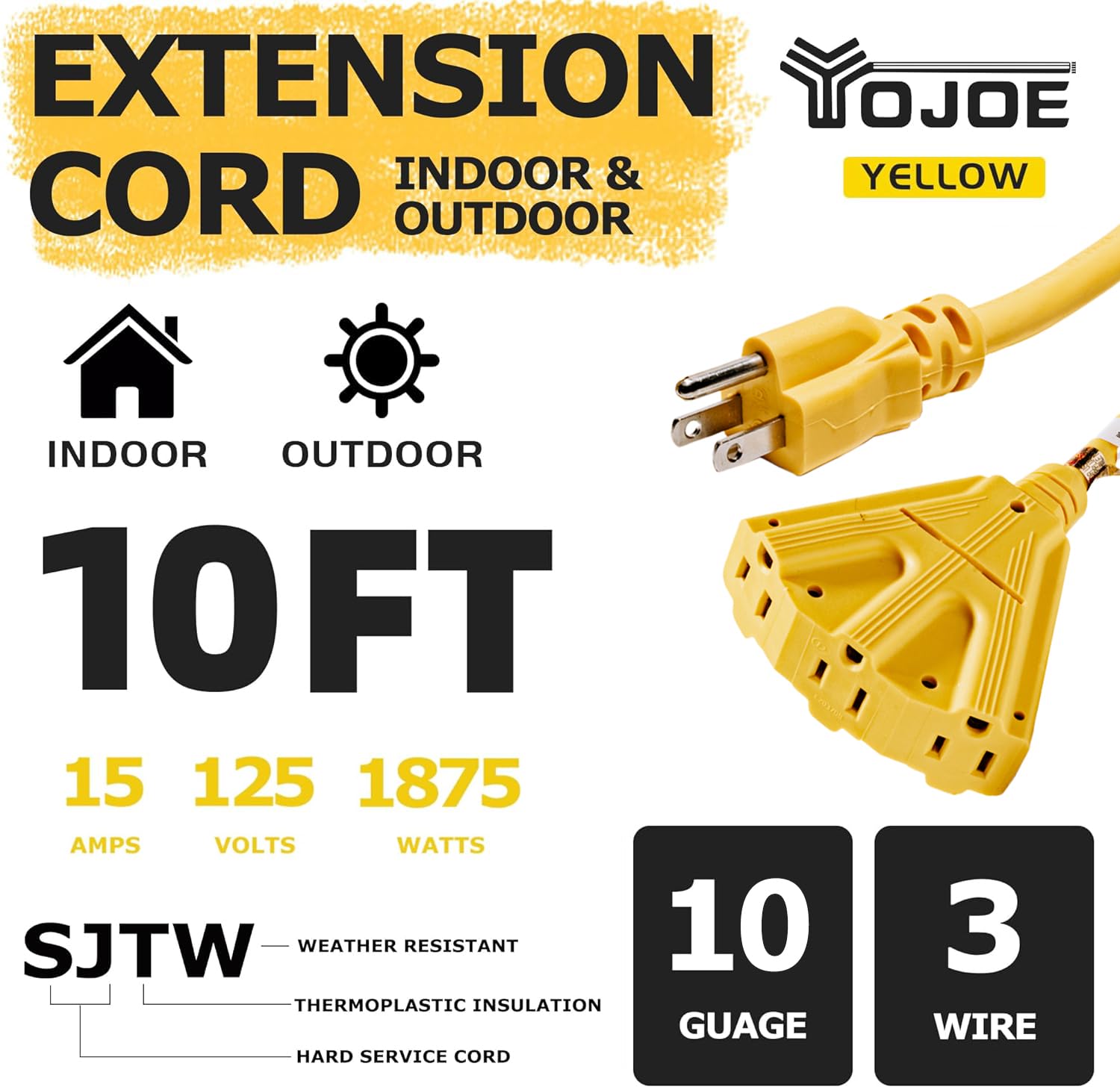 Yojoe 3 Outlets Indoor Outdoor Extension Cord, 10 Gauge Sjtw Heavy Duty 10 Ft Yellow, 15A Weatherproof Power Cord With 3 Prong G
