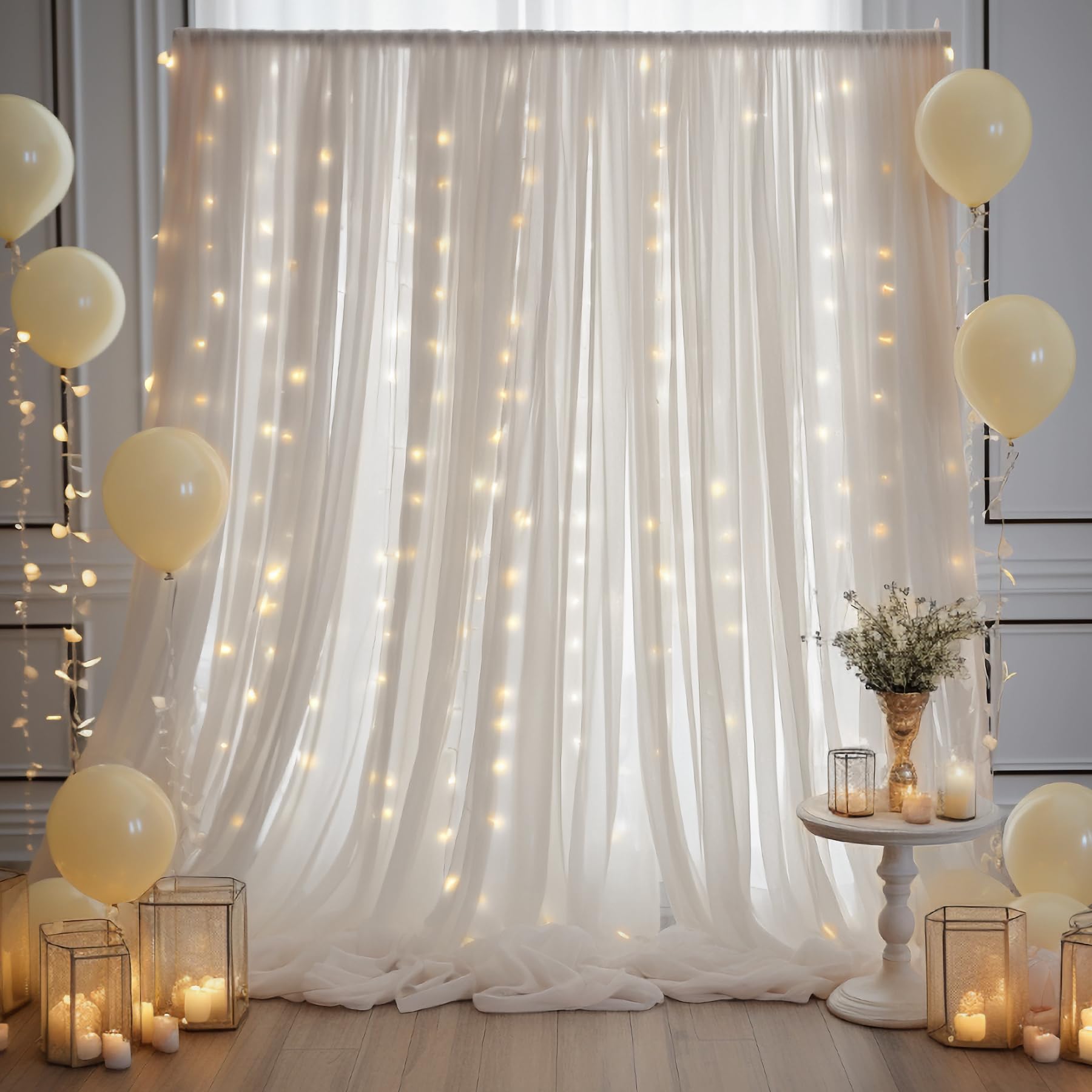 Wish Care 10Ft X 10Ft Cream White Chiffon Backdrop Curtain With Lights String For Parites Wedding Wrinkle Free Curtain Photo Bac