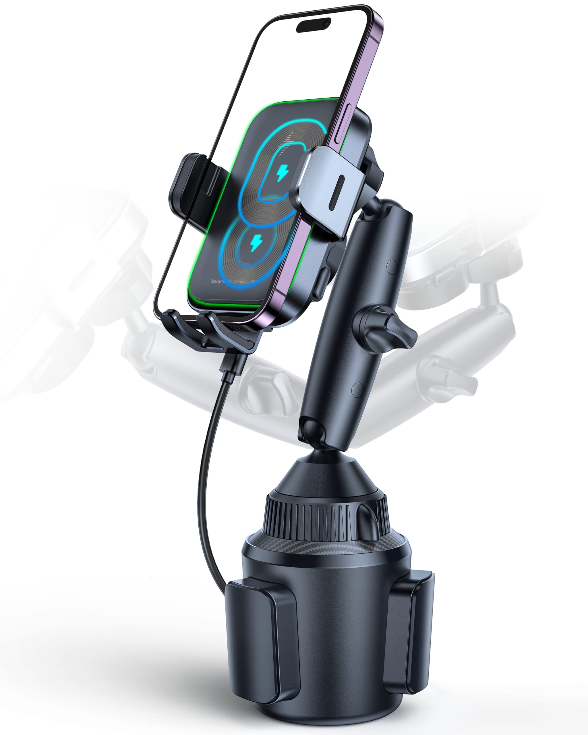 Apps2Car Dual Coil Wireless Car Charger Auto Clamping 15W Cup Holder Phone Wireless Charger Mount Fast Charge Tri-Pivots Height 