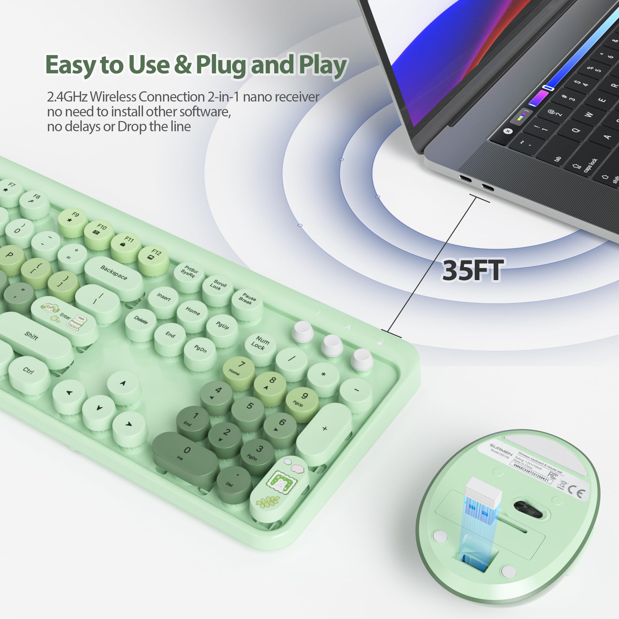Fogruaden Green Keyboard And Mouse Wireless, Retro Typewriter Keyboard, 2.4Ghz 104 Keys Full Size Cute Keyboard With Number Pad,