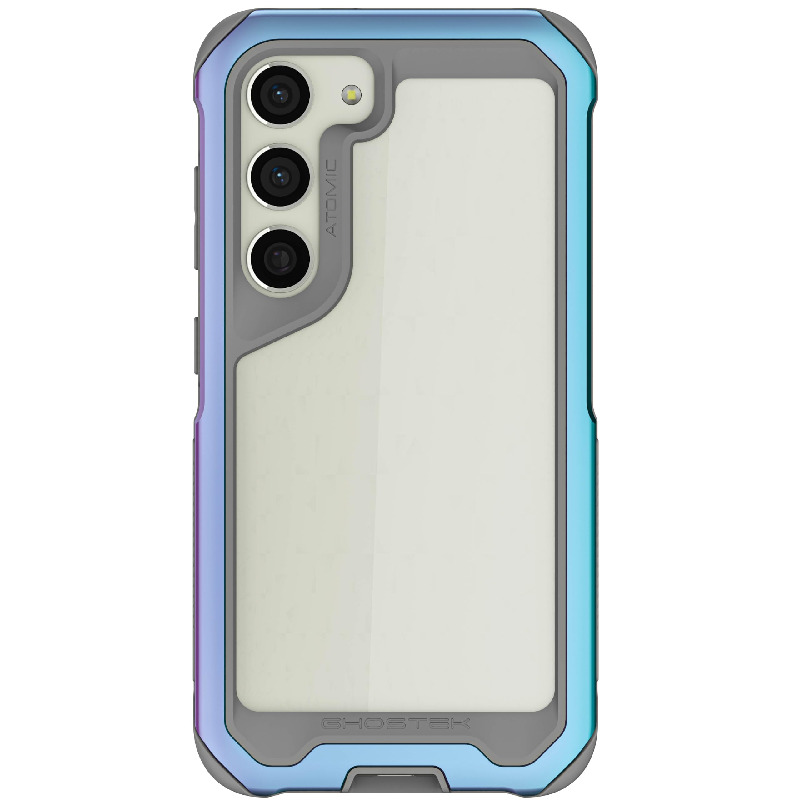 Ghostek ATOMIC slim Galaxy S23 Phone Case with Clear Back and Iridescent Aluminum Bumper Heavy Duty Shock Absorbent Protective M