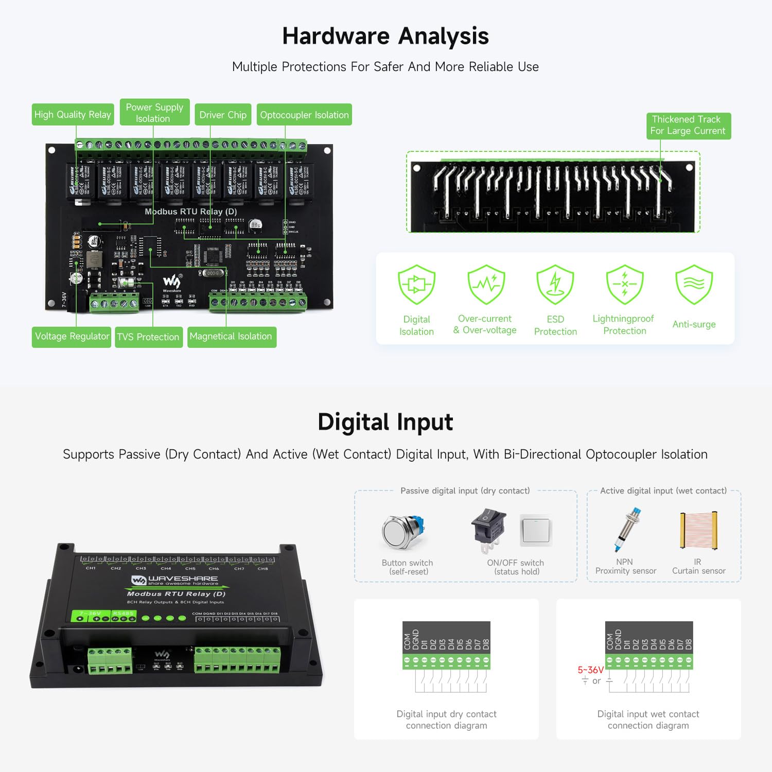 Waveshare Industrial Modbus Rtu 8 Ch Relay Module (D) With Digital Input And Rs485 Interface, Multi Isolation Protection Circuit