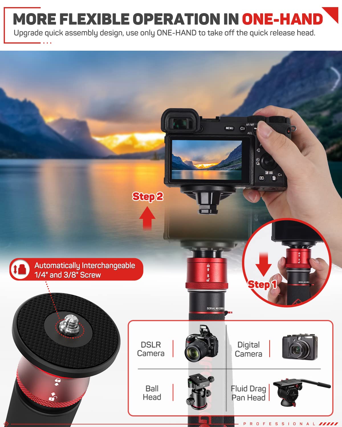 Ifootage 71'' Aluminum Monopod, Cobra 3 A180F, Telescopic Video Monopod With Feet, Professional Monopod For Dslr Cameras, Portab