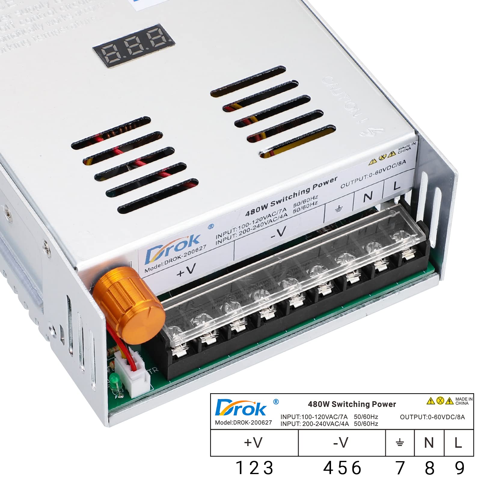 Drok 60V Power Supply, Ac 110V 220V To Dc 0 60V 8A 480W Buck Converter, Adjustable Variable Led Adapter Regulated 5V 12V 24V 30V