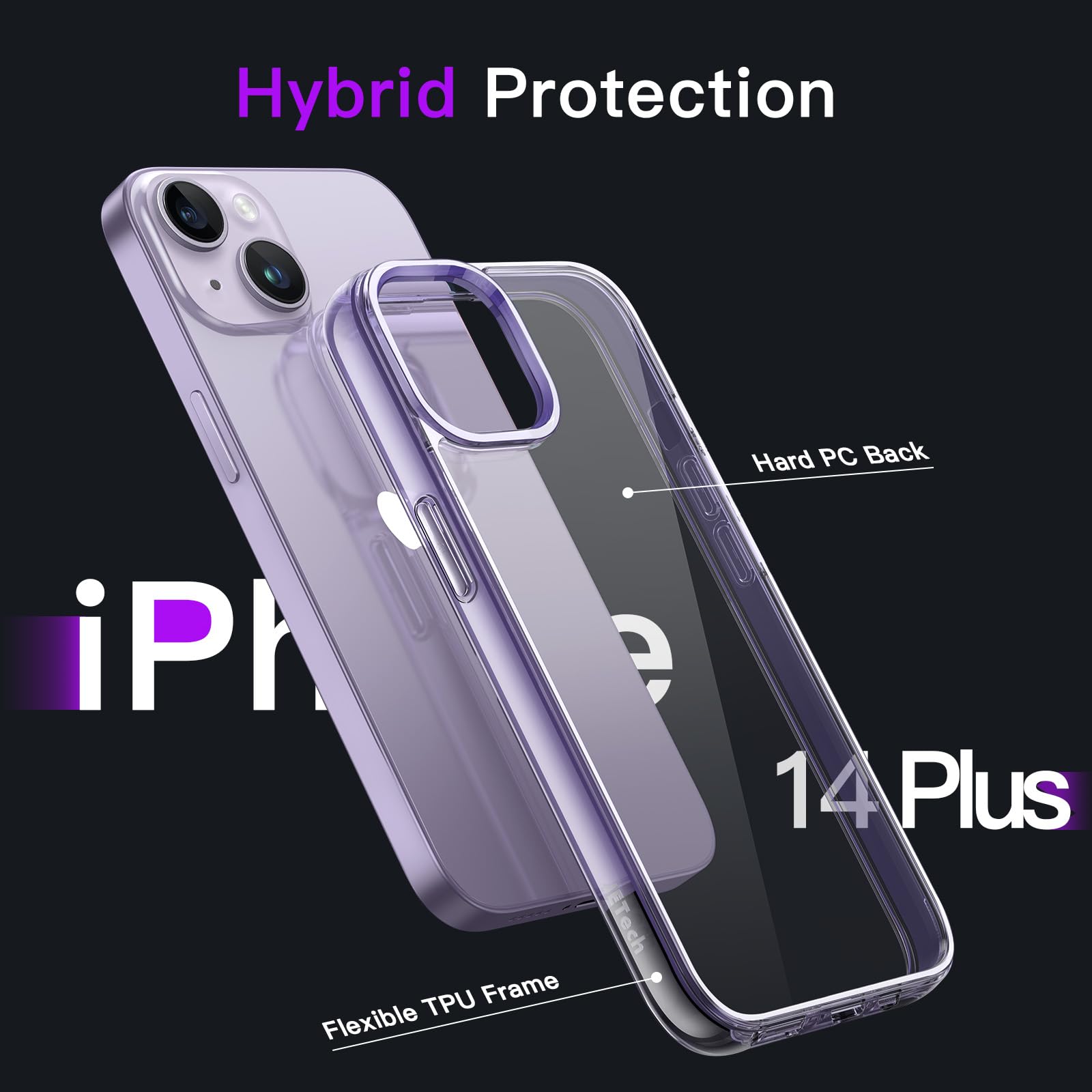 Jetech Case For Iphone 14 Plus 6.7 Inch, Non Yellowing Shockproof Phone Bumper Cover, Anti Scratch Clear Back (Deep Purple)