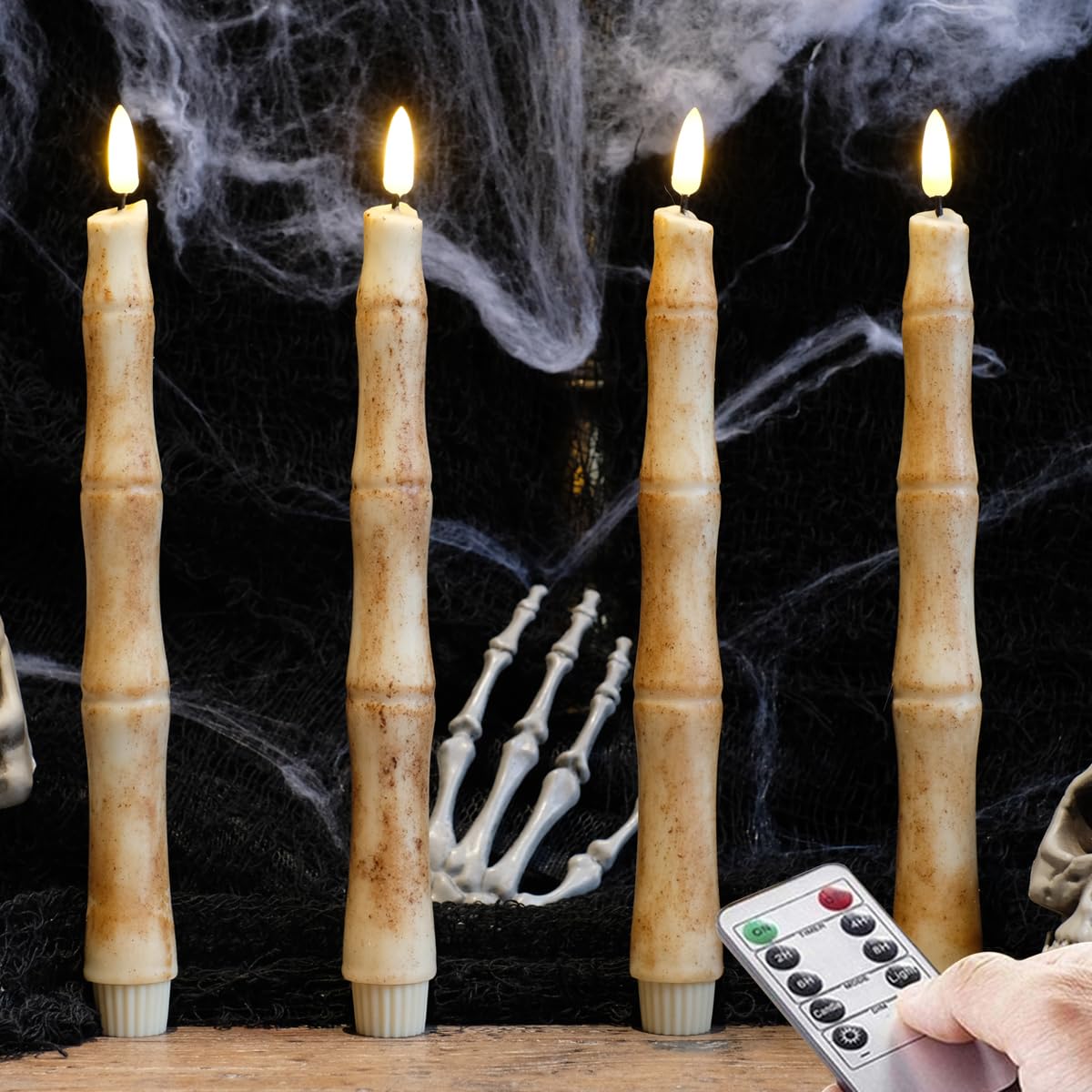 Nonno & Zgf Halloween 4 Pack Led Finger Taper Candles, Covered Real Paraffin Wax And Ground Cinnamon, 10.2'' Flameless Battery O
