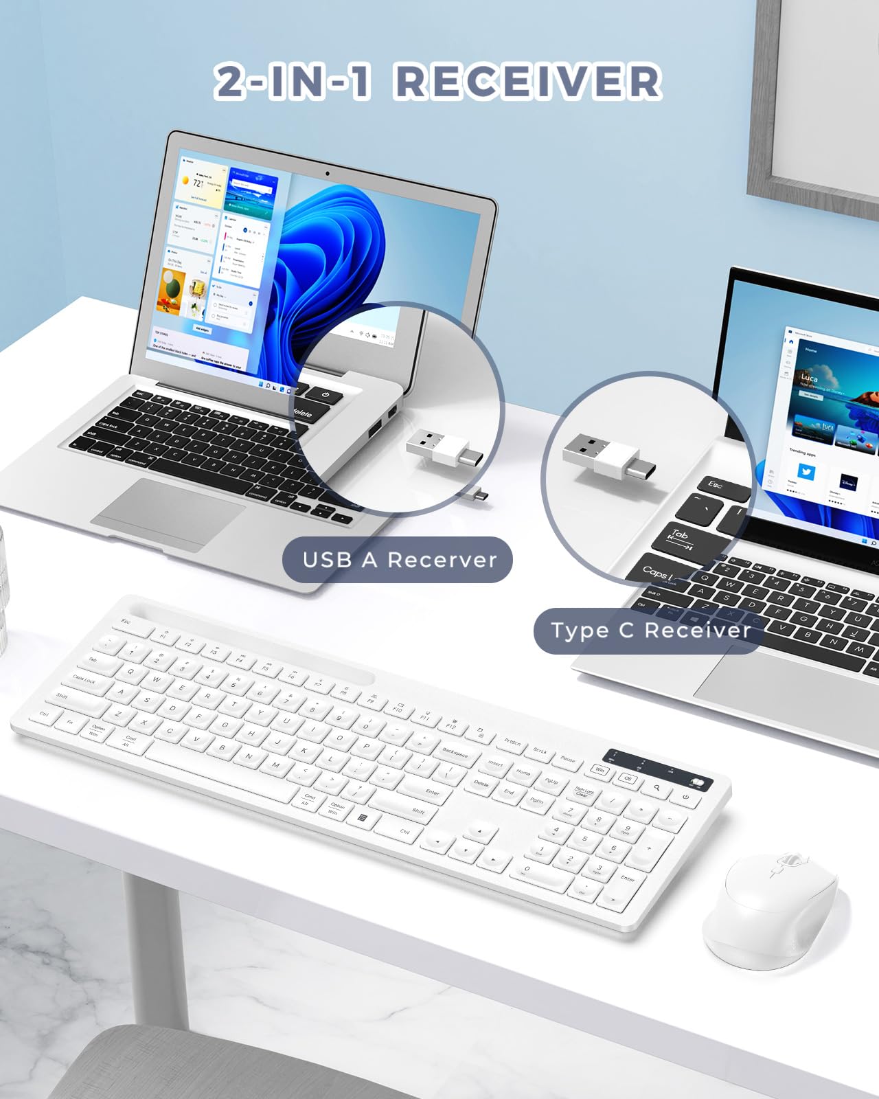 Wireless Keyboard And Mouse White, Vivefox Wireless Keyboard With Phone Holder Usb A & Type C Receiver Full Size Keyboard And Mo