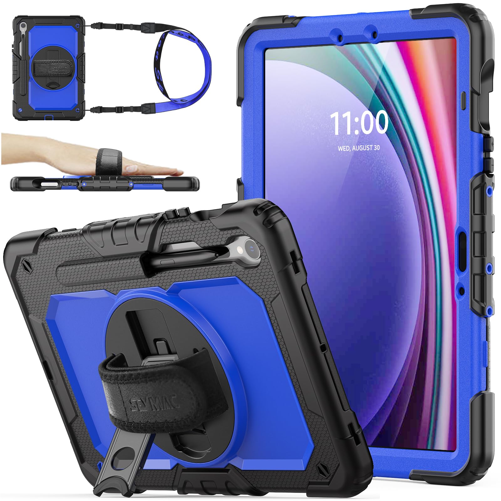 Seymac Stock Case For Samsung Galaxy Tab S9/ S9 Fe 5G Tablet Case With Screen Protector Pencil Holder [360 Rotating Hand Strap]