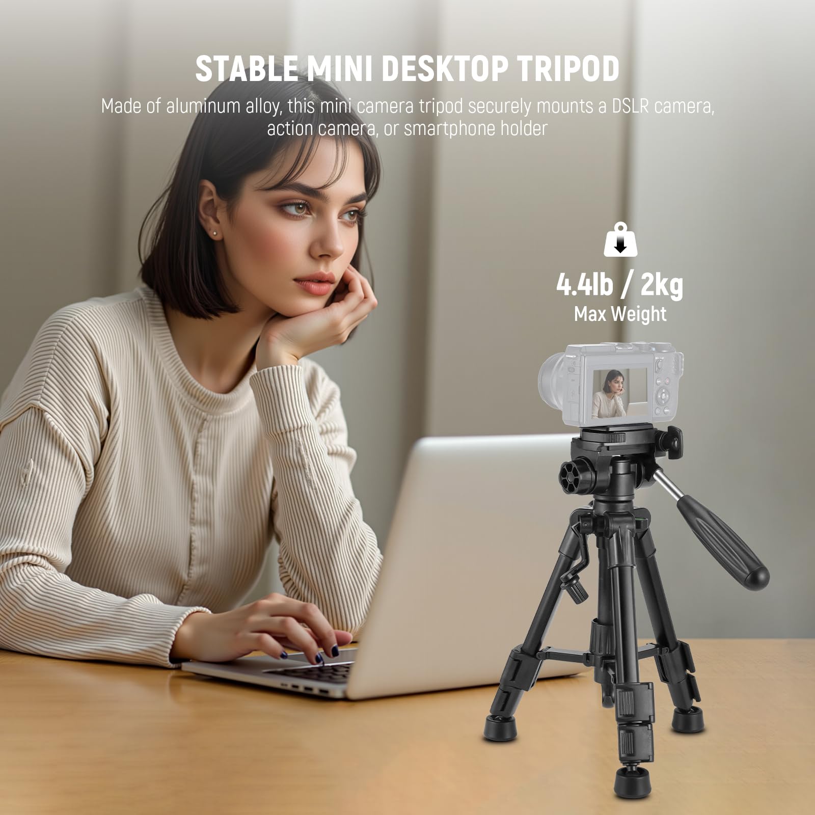 Neewer Basic Mini Desk Tripod For Camera With 3 Way Pan Tilt Head & Handle, Small Portable Metal Tabletop Selfie Stick Stand Wit