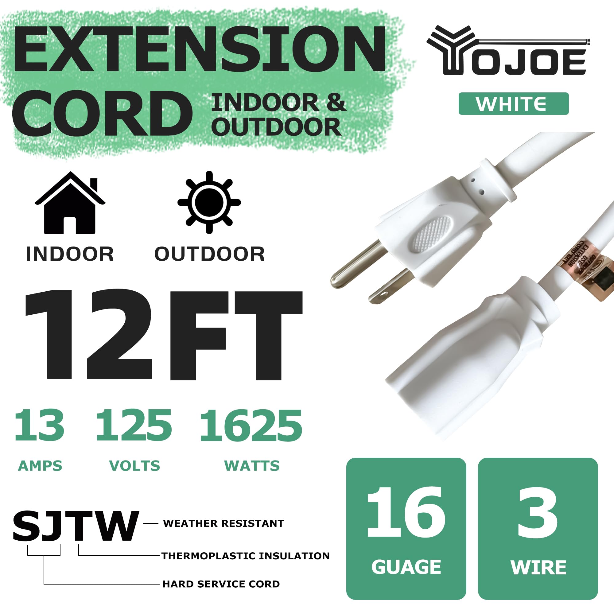 Yojoe Indoor Outdoor Extension Cord, 3 Prong 13A Weatherproof Power Extension Cord, 16 Gauge Heavy Duty 12 Ft White Extension Co