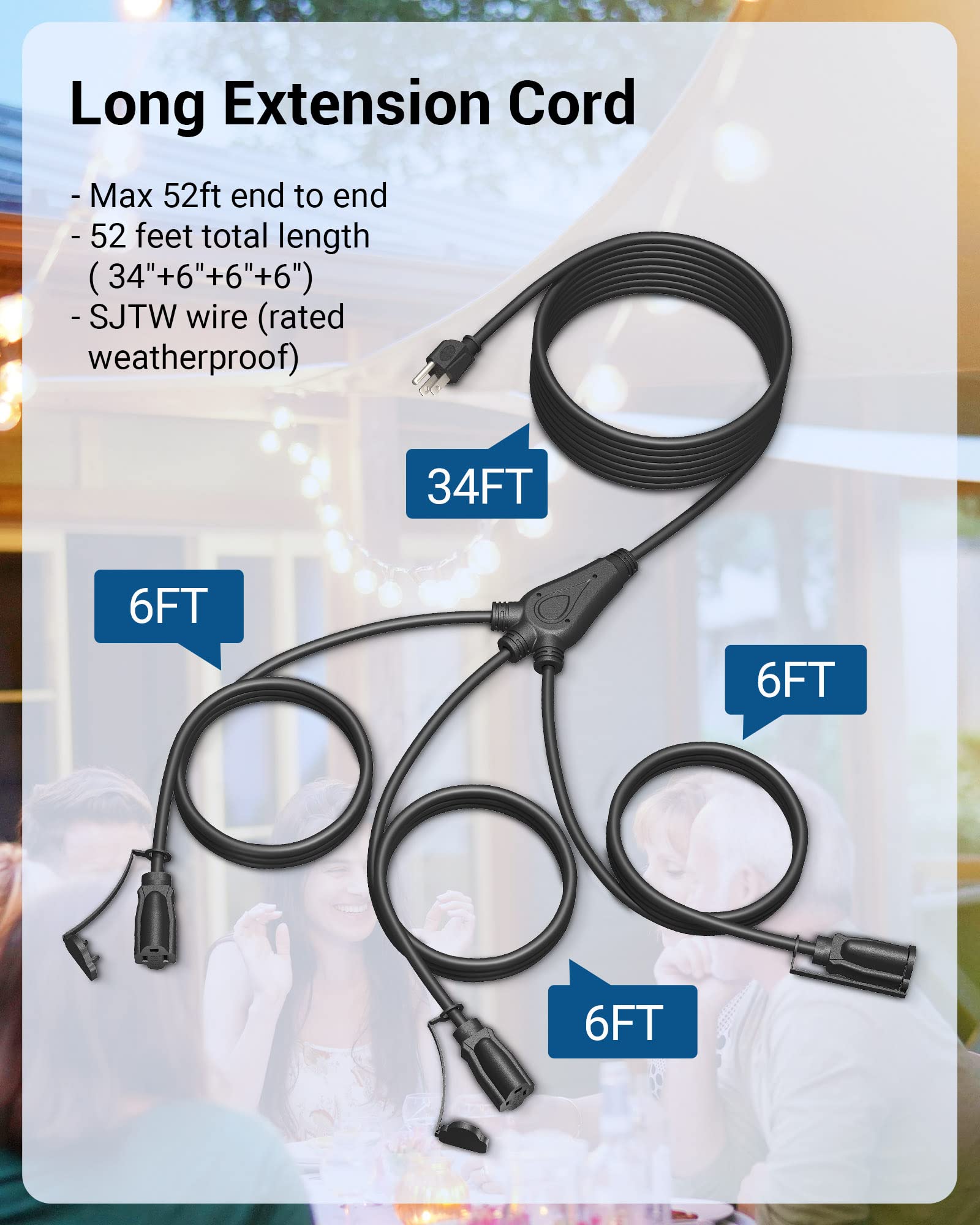 Dewenwils Outdoor Extension Cord 1 To 3 Splitter, Total 52Ft, 13A 125V 1625W 16/3C Sjtw Extension Cord Outdoor, Heavy Duty Exten