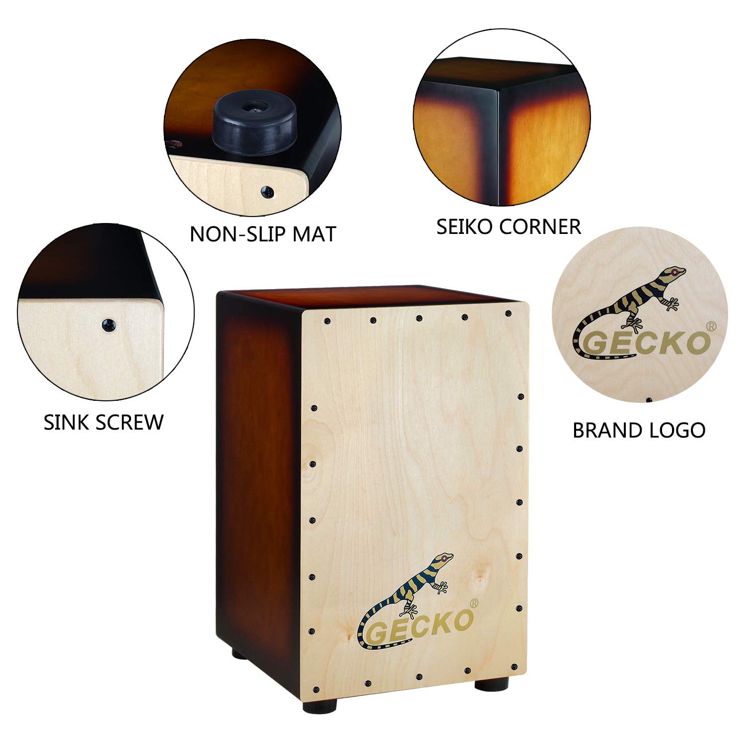 Gecko Cajon Box Drum Wooden Percussion Box, With Internal Adjustable Guitar Strings