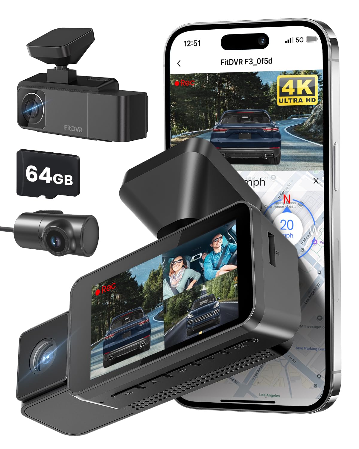 Fitdvr 4K 3 Channel Dash Cam, 2160P+1080P+1080P Front And Rear Inside Car Camera With 64Gb Card, Wifi Built-In Gps, 3 Ips Screen