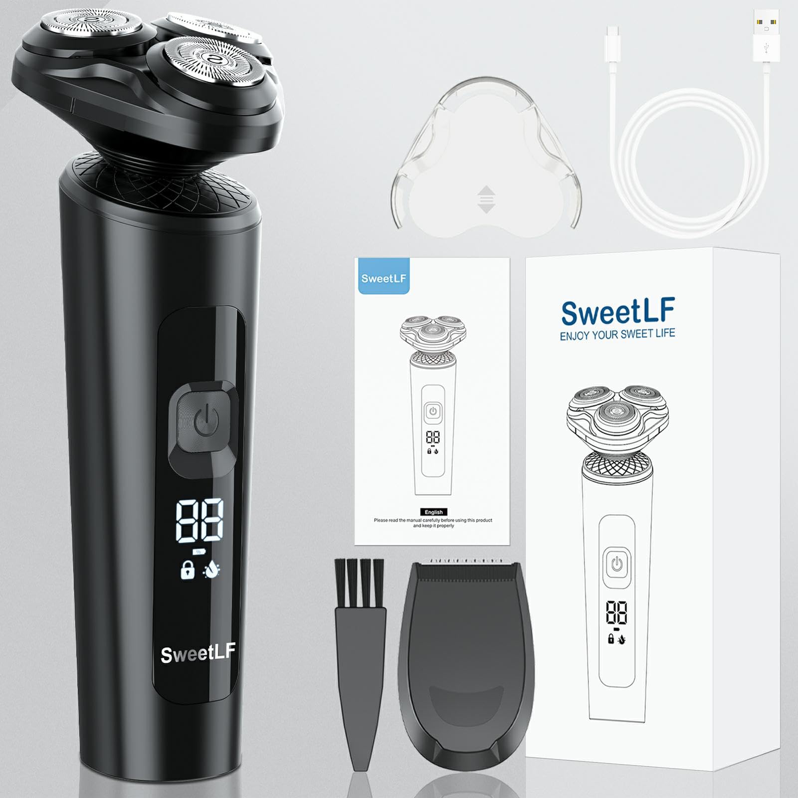 Sweetlf Electric Razor For Men, Ipx7 Waterproof, Wet & Dry Shaving, Type C Fast Charging, Led Display, Pop Up Beard Trimmer, Men