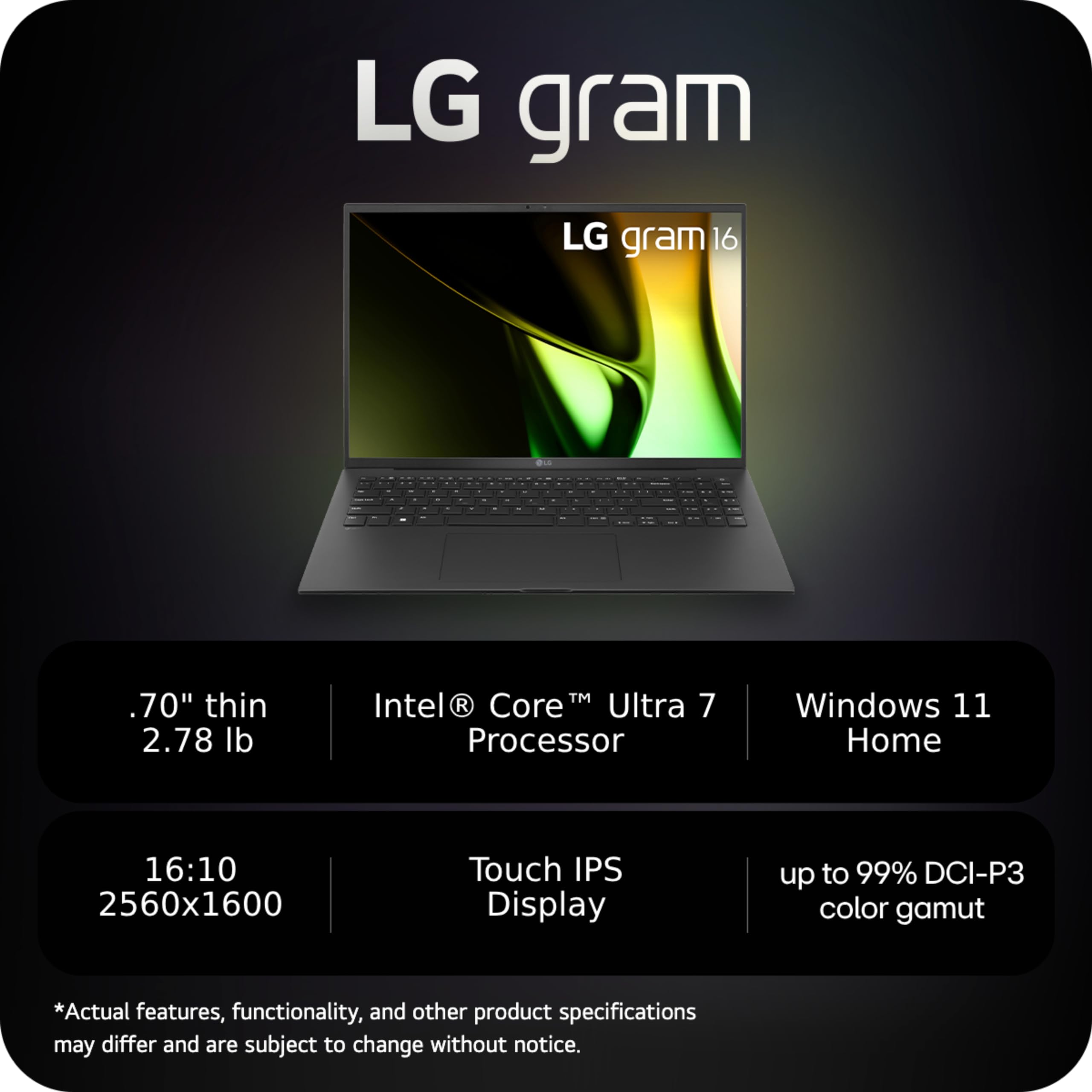Lg Gram 16 Inch Lightweight Laptop, Intel Evo Edition   Ai Enabled Intel Core Ultra 7 Processor, Windows 11 Home, 16Gb Ram, 2Tb