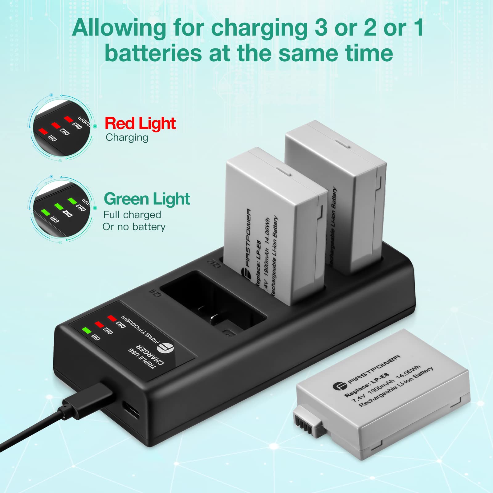 FirstPower LP-E8 Battery 3-Pack with Triple Slot Charger for Canon EOS Rebel T2i, T3i, T4i, T5i - Black