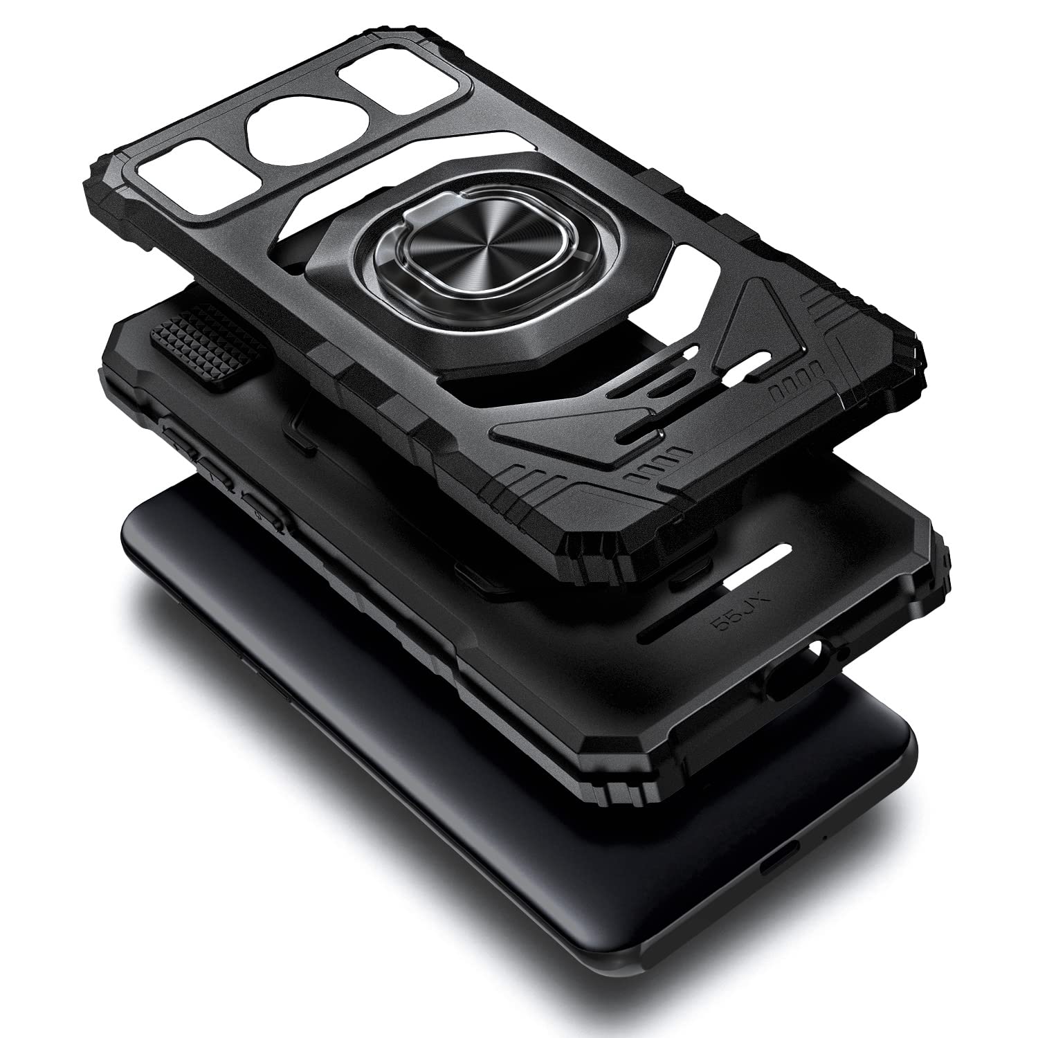 WDHD Full-Body Protective Phone Case for Schok Volt SV55 with Tempered Glass, Military-Grade, Magnetic Ring Holder, Black