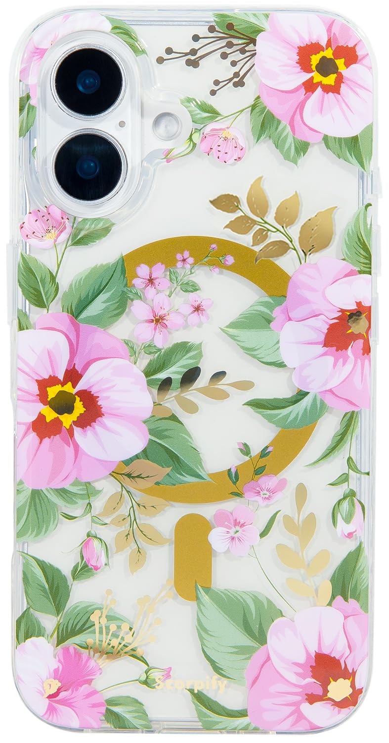 Scorpify For Iphone 16 Case [Compatible With Magsafe] With Pink Primrose Floral Design, Cute Clear Flower Magnetic Phone Cover F