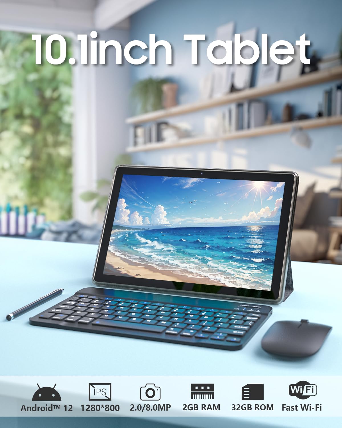 Android 12 Tablet 2 In 1 Tablet With Keyboard, 10.1 Inch Tablets Include Mouse Stylus Tempered Film, 2Gb Ram 32Gb Rom 512Gb Expa