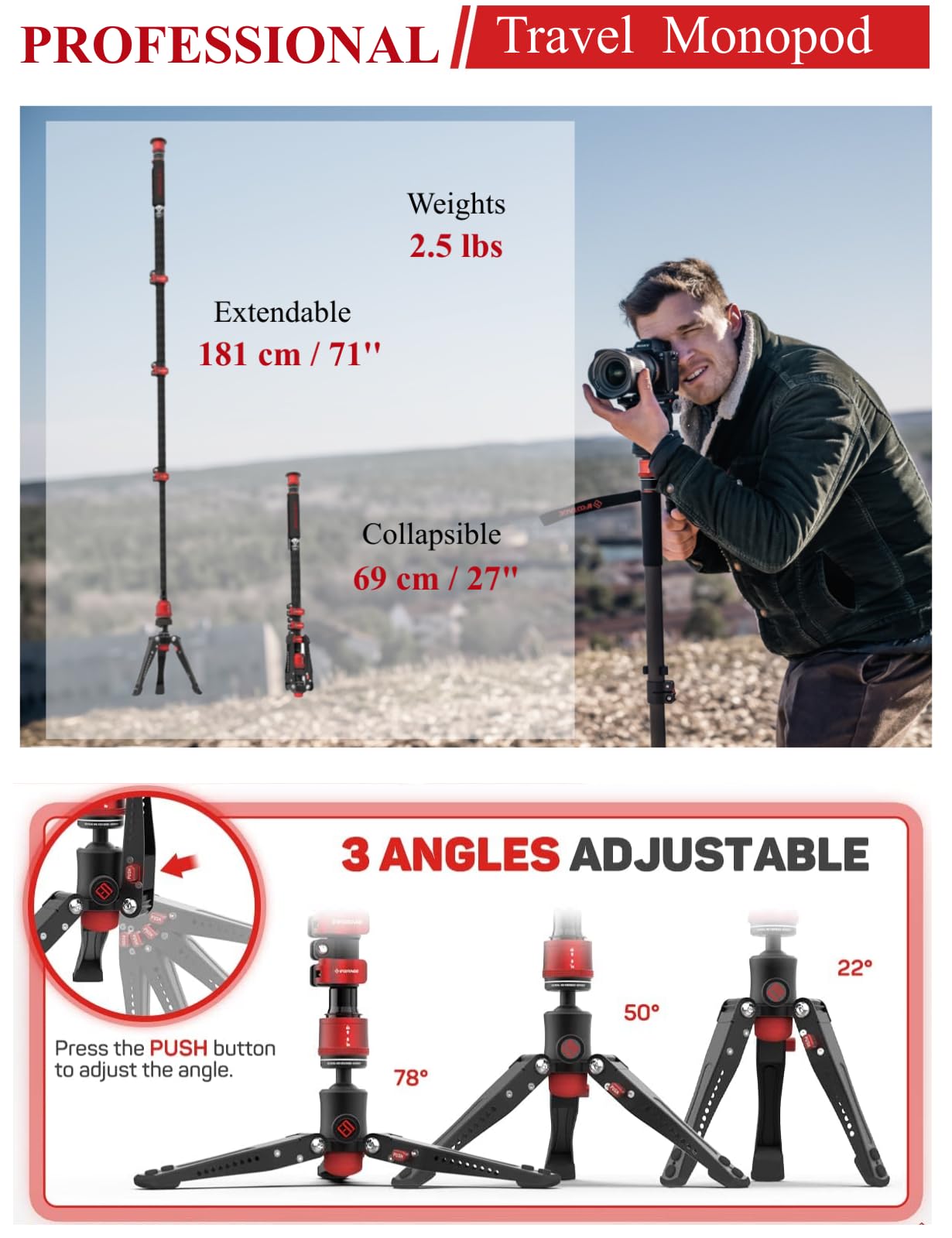 Ifootage Cobra 3 C180F Monopod For Cameras, 71'' Carbon Fiber Travel Monopod, Professional Video Monopod With Tripod Base, Max L