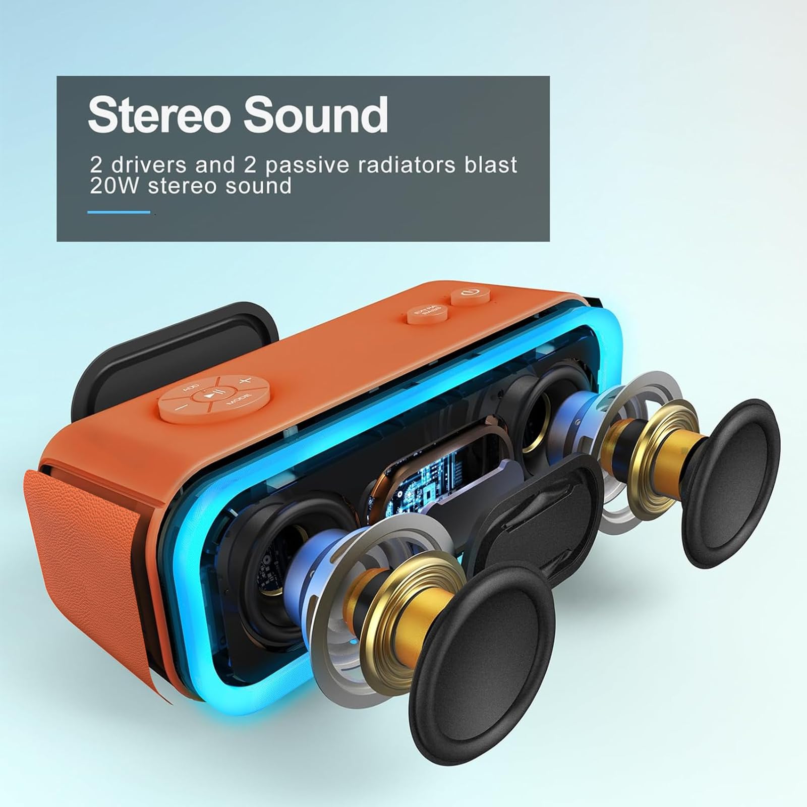 Doss Soundbox Pro Bluetooth Speaker With 20W Stereo Sound, Active Extra Bass, Ipx6 Waterproof, Bluetooth 5.0, Tws Pairing, Multi Colors Lights, 20H Playtime, Portable Speaker For Outdoor Orange