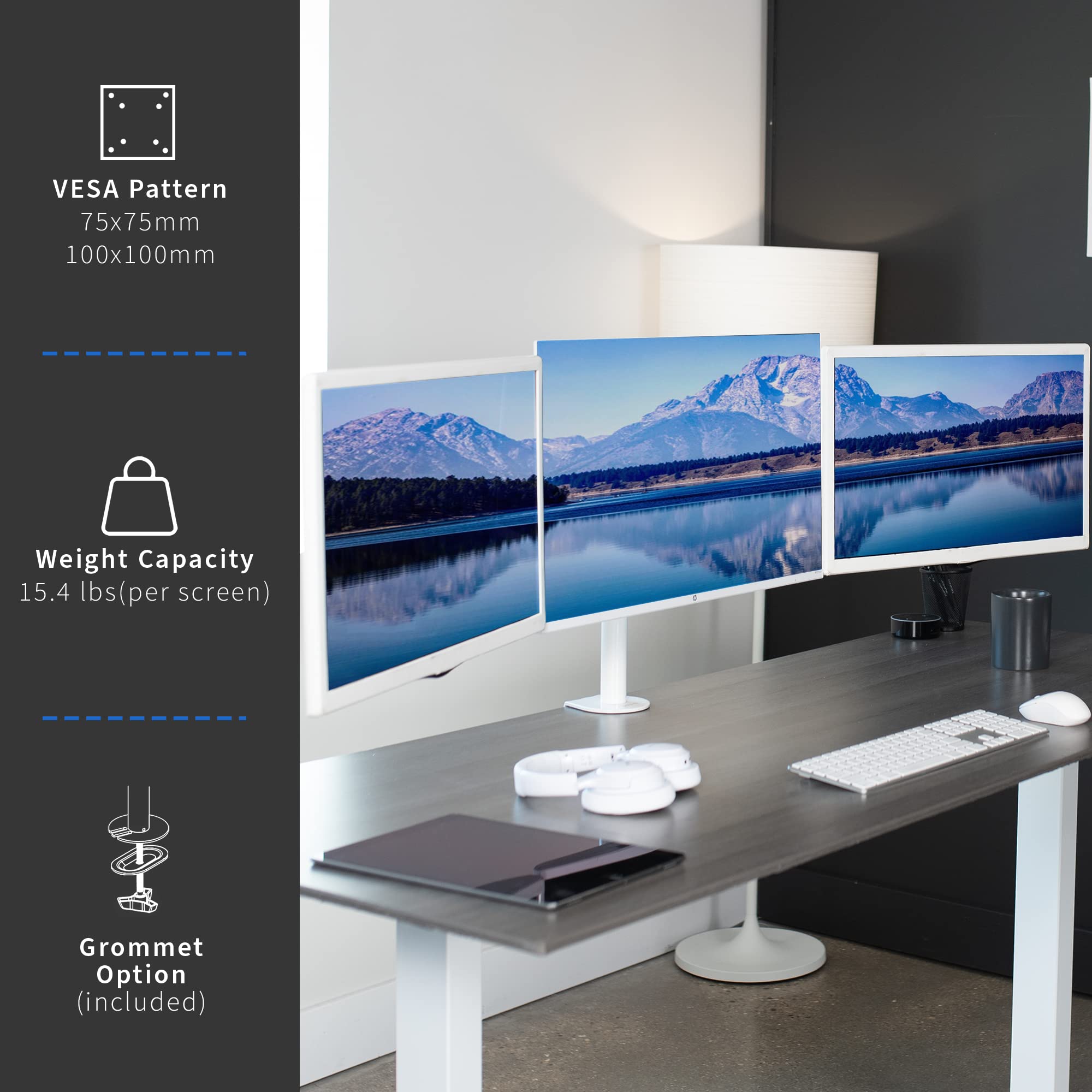 VIVO Triple Monitor Adjustable Desk Mount, Articulating Tri Stand, Holds 3 Screens up to 24 inches, White, STAND V003YW