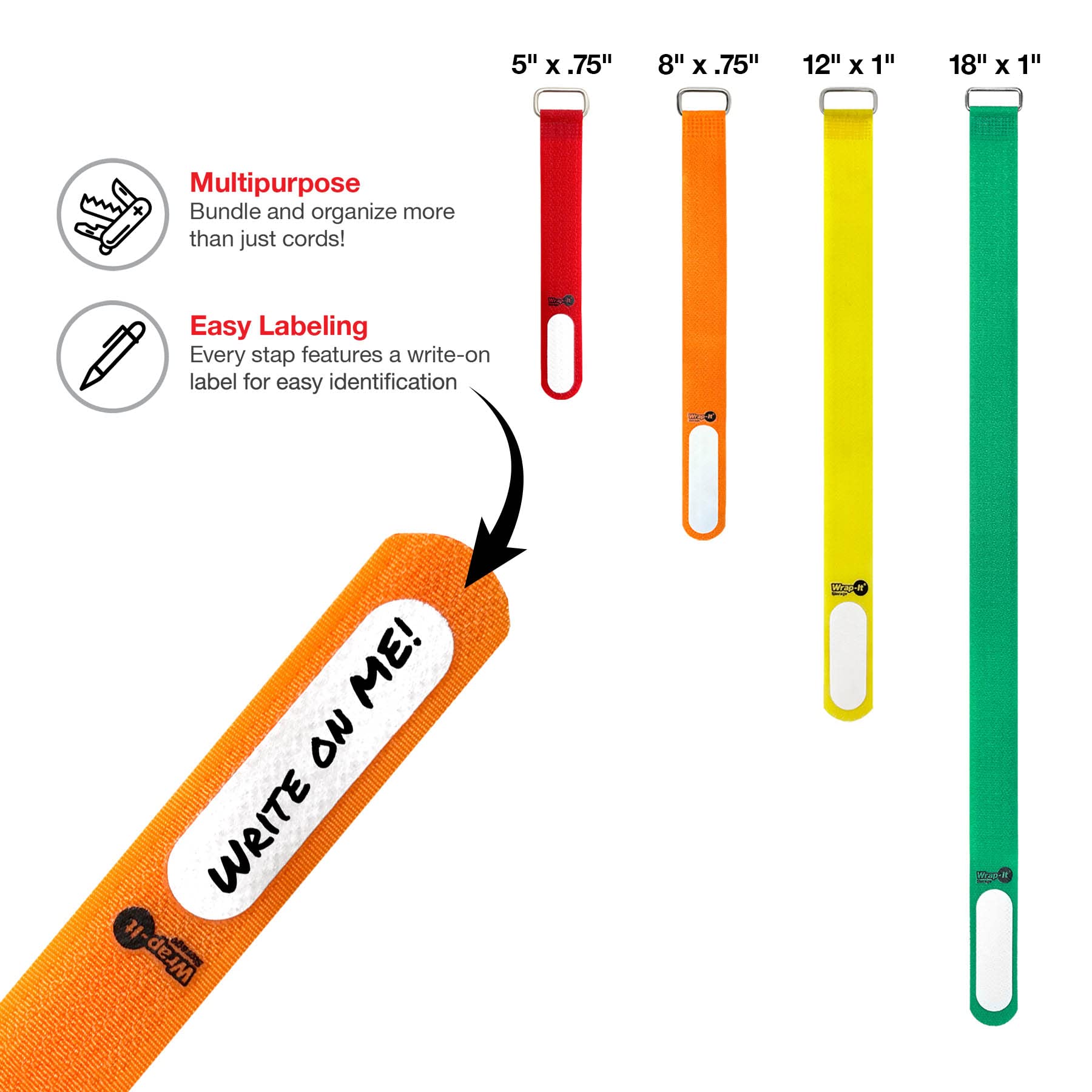 Wrap-It Storage Cinch-Straps, Assorted 16 Pack, Waterproof Hook and Loop Straps with Metal Buckles, Multi-Color, Adjustable