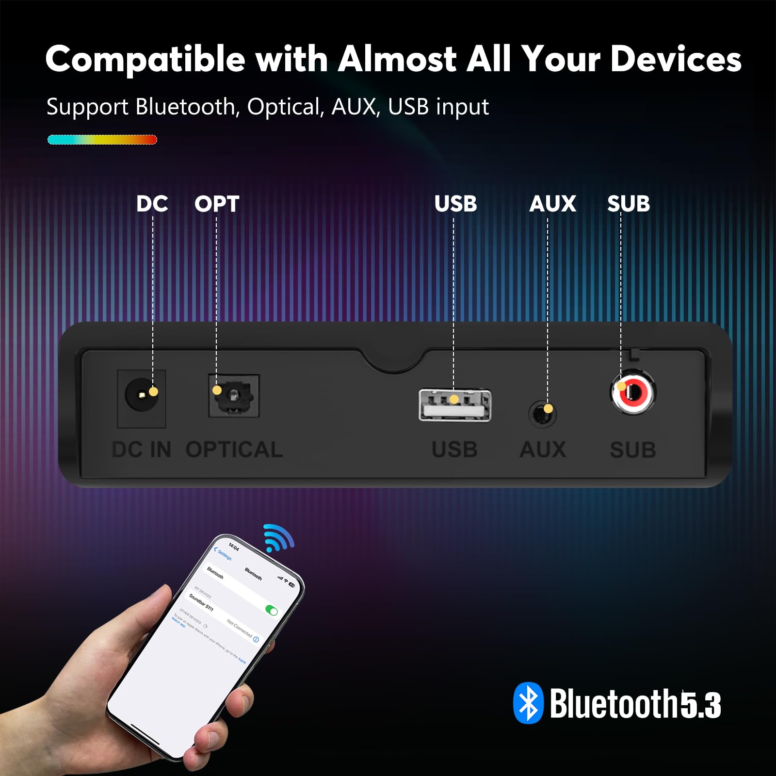 Wohome Sound Bar With Wired Subwoofer For Smart Tv, 2.1 Ch Small Tv Soundbar Speakers With Colorful Backlight Support Bluetooth 5.3/Optical/Aux Connectivity, S100 (Black With Subwoofer)
