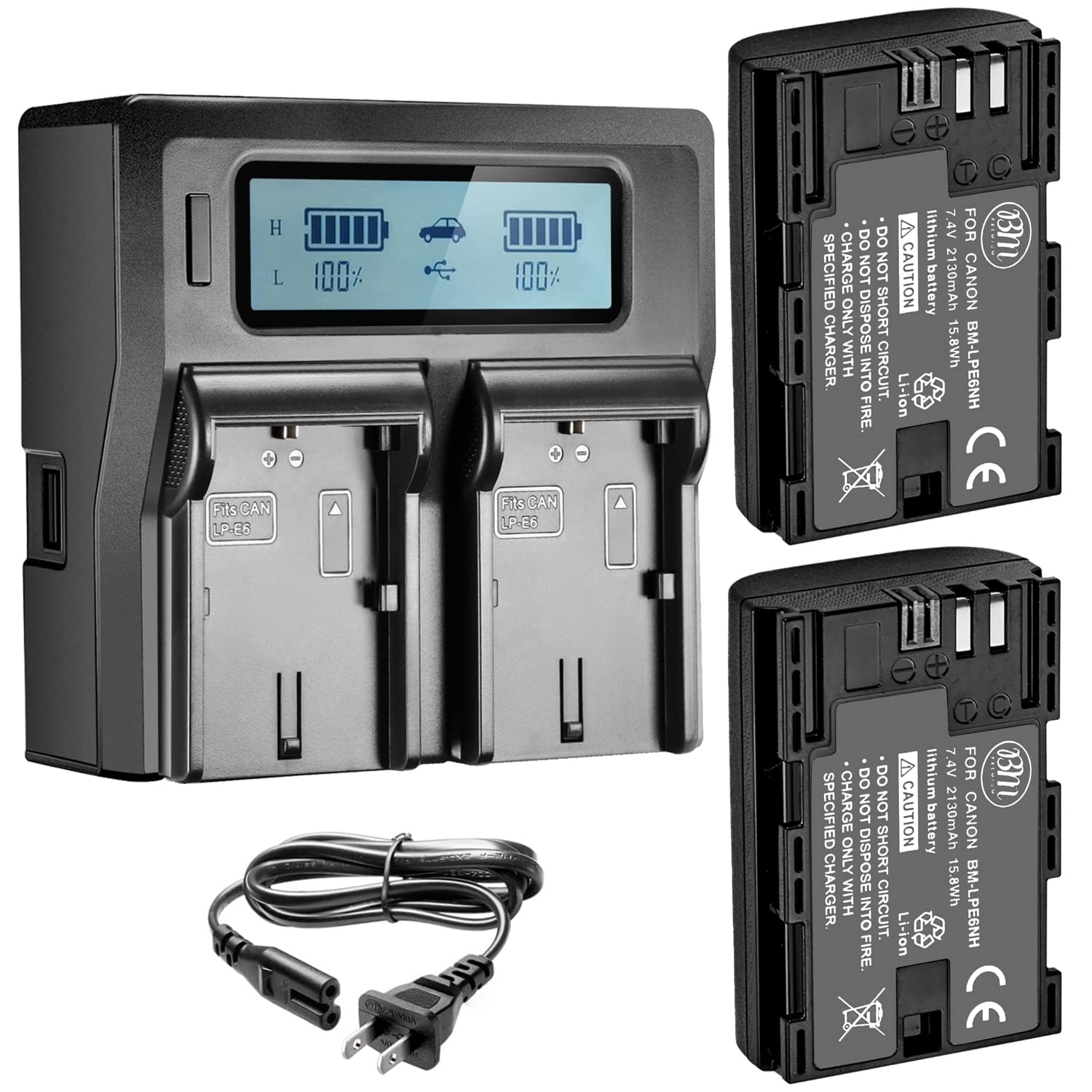 Bm Premium 2 Pack Of Lp E6Nh High Capacity Batteries And Dual Bay Lcd Battery Charger For Canon Eos R, Eos R5, Eos R6, Eos R6 Ii