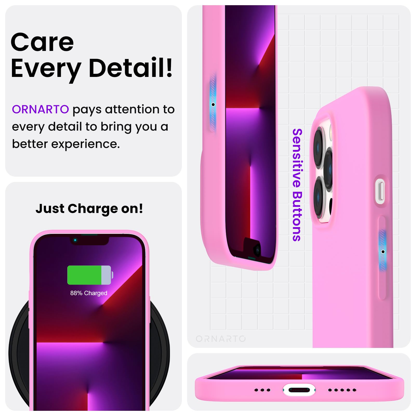 Ornarto Compatible With Iphone 13 Pro Case 6.1, Slim Liquid Silicone 3 Layers Full Covered Soft Gel Rubber Case Cover 6.1 Inch C