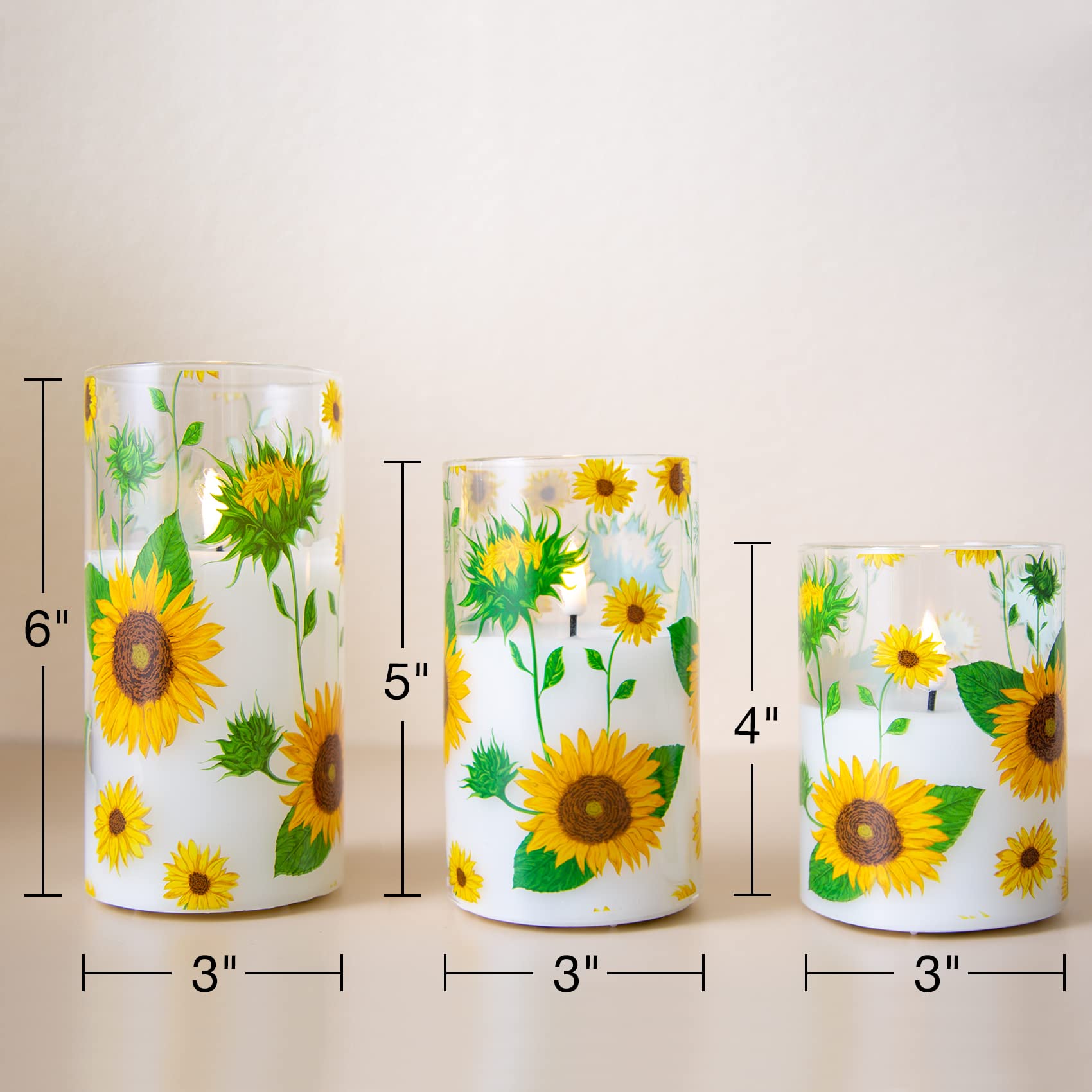 Girimax Sunflower Glass Flameless Candles With Remote, Battery Operated Flickering Led Pillar Candles Set Of 3