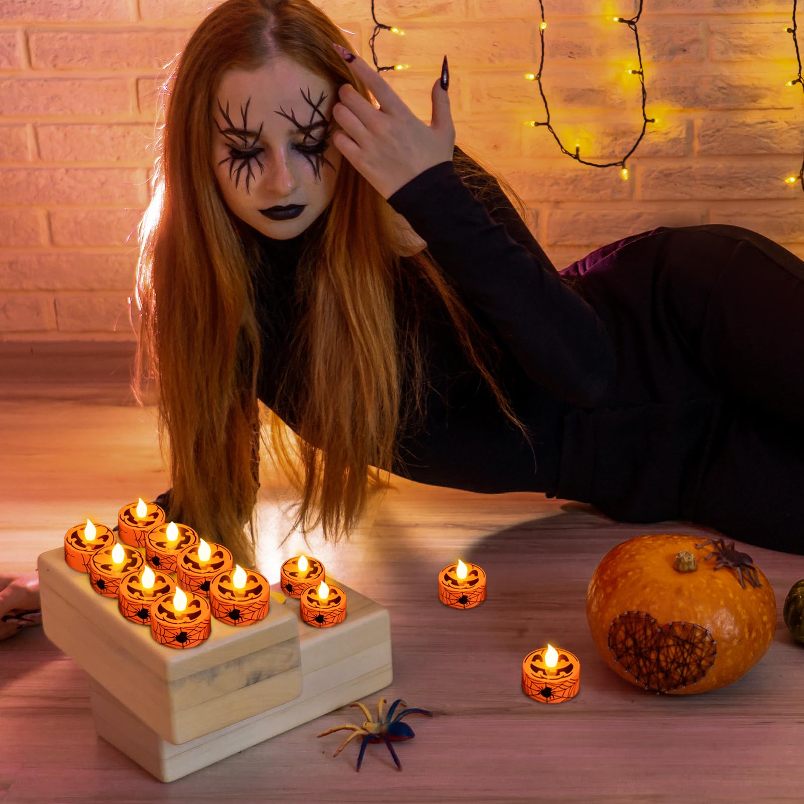 Kunswenn Halloween Pumpkin Tealights Candles, 12 Pack Led Flameless Candles With Timer, Tea Lights Candles Battery Operated With