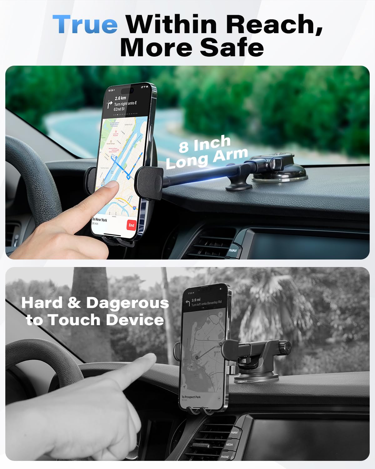 1Zero Solid Car Truck Phone Mount Holder With Thick Gooseneck Long Arm, Windshield Window Mobile Holders W/Industrial-Strength S