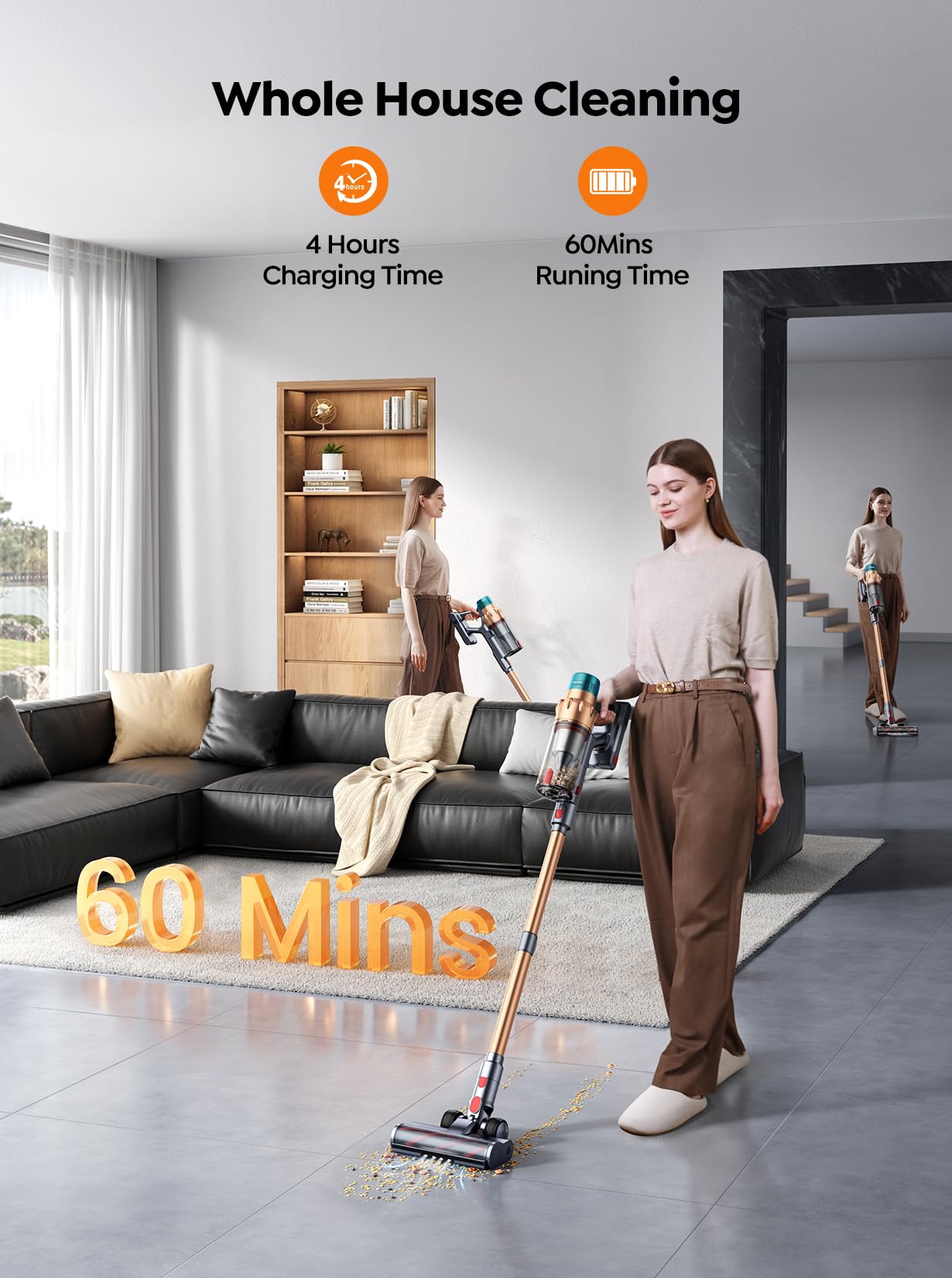 Cordless Vacuum Cleaner, 550W 45Kpa 60 Mins Runtime Self Standing Vacuum Cleaners For Home, Stick Vacuum With Charging Dock Stat