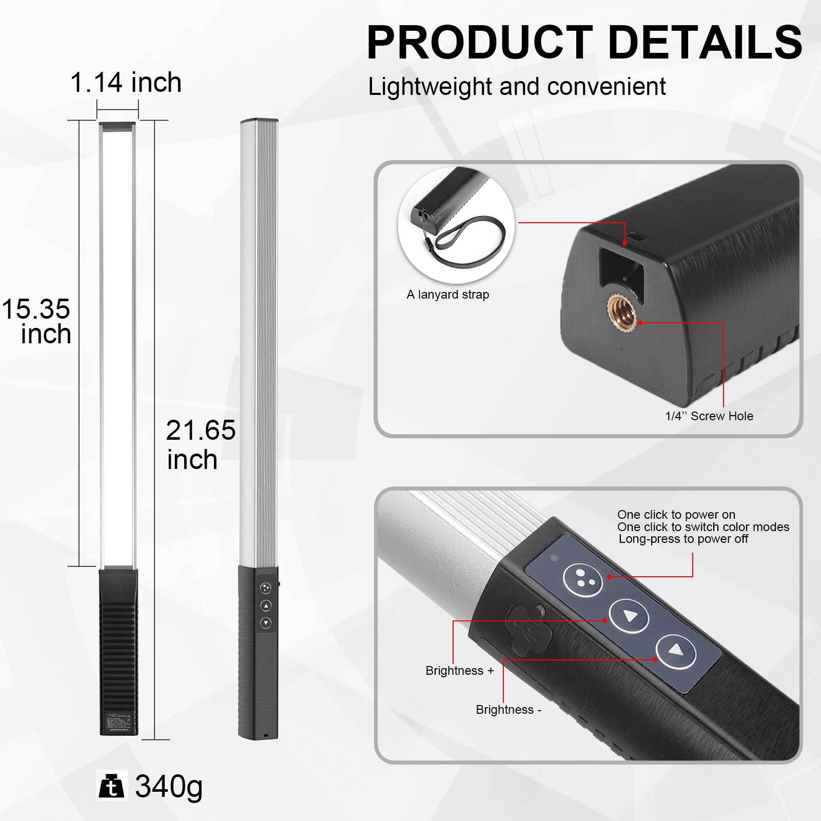 Portable Led Photography Light Wand, Luxceo Handheld Led Video Light 1000 Lumens Cri 95+ Usb Rechargeable With Remote Control, C