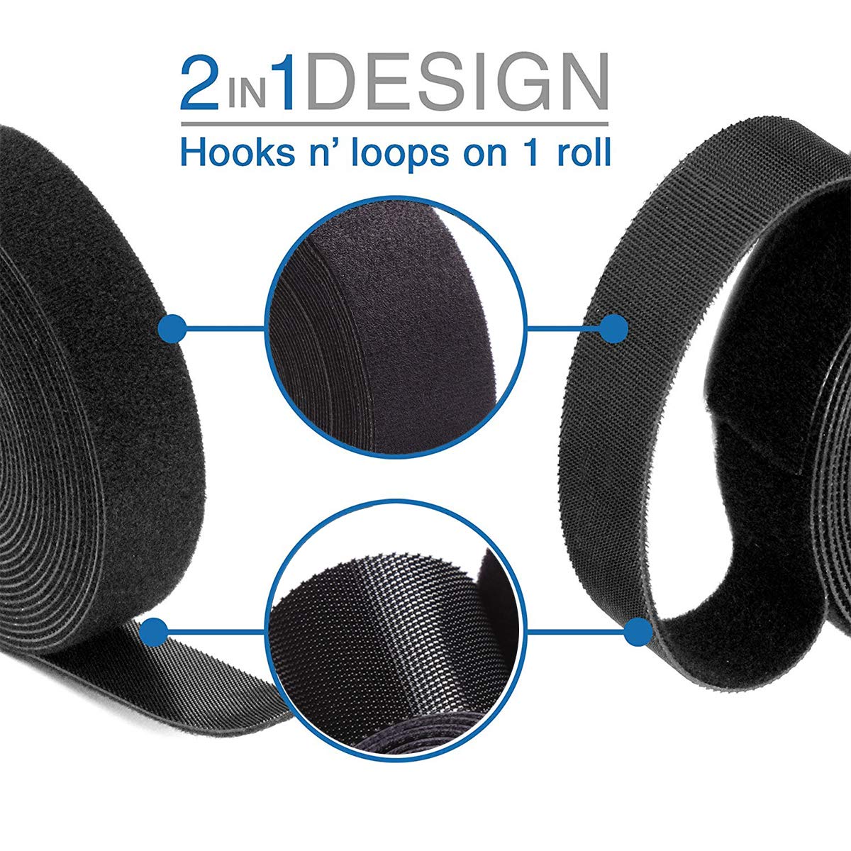 MYUREN Reusable Fastening Tape Cable Ties Roll Double Side Hook Loop Nylon Black 2 Inch 5 Yard