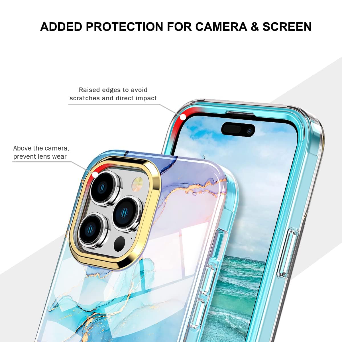 Turquiase Cute Marble Case For Iphone 14 Pro Max 6.7 Inch Built With Screen Protector, Lightweight And Stylish Full Body Shockpr