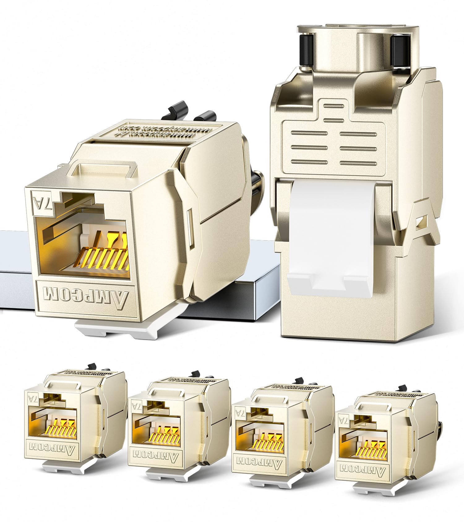 Ampcom Cat7A Keystone Jack Ratchet Zip Tie Design, 10Gbps 1000Mhz Shielded Zinc Alloy Rj45 Tool Free Keystone Connector 6 Pack