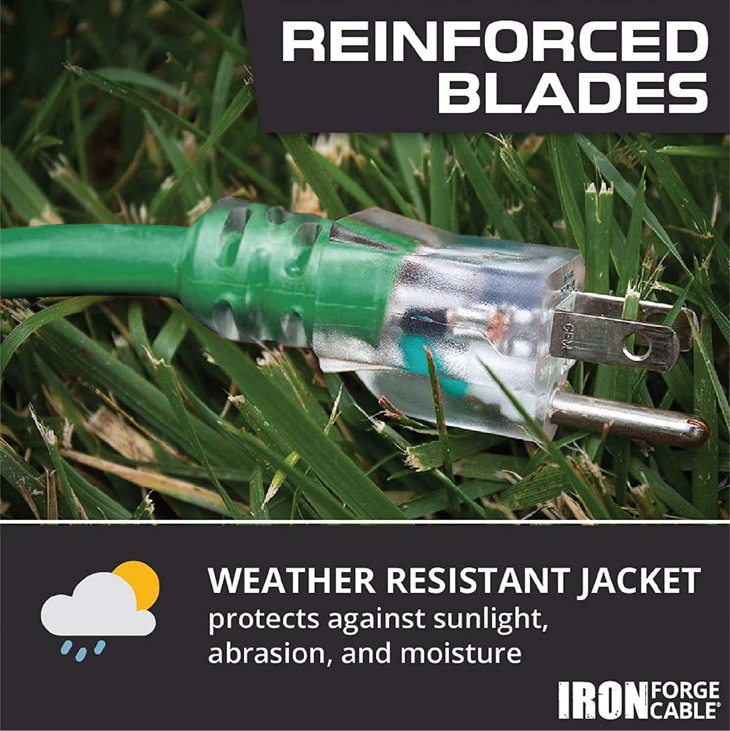 Iron Forge Cable 50 Foot Outdoor Extension Cord,12/3 Sjtw Heavy Duty Green Extension Cable With 3 Prong 50 Ft, Weatherproof Cord