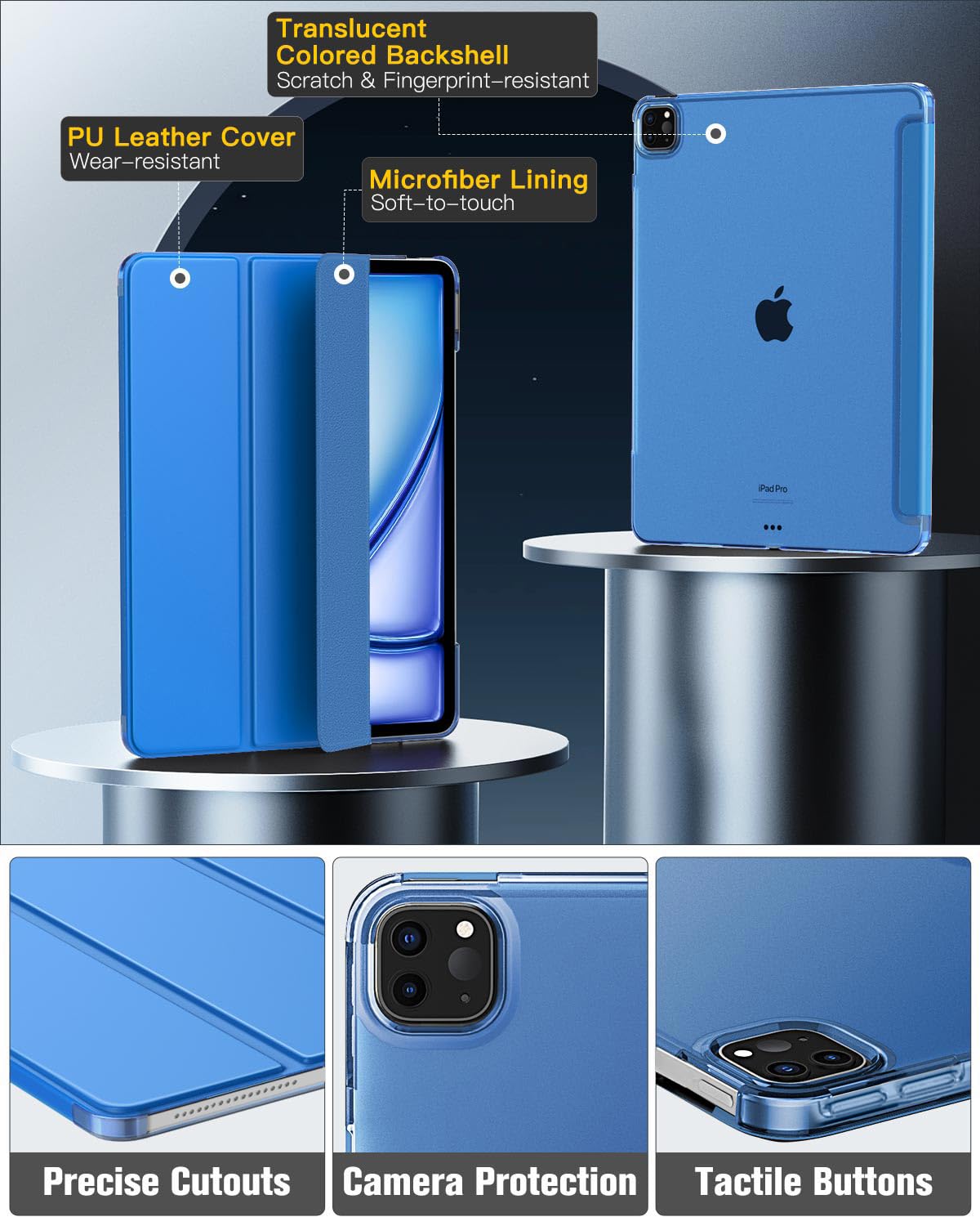 MoKo for iPad Air 13 Inch M2 Case 2024/ iPad Pro 12.9 Case (6th/5th Gen 2022/2021), Slim Smart Shell Translucent Frosted Hard PC Back Cover, Support Touch ID & Pencil Pro/2nd/USB C, Blue Wave