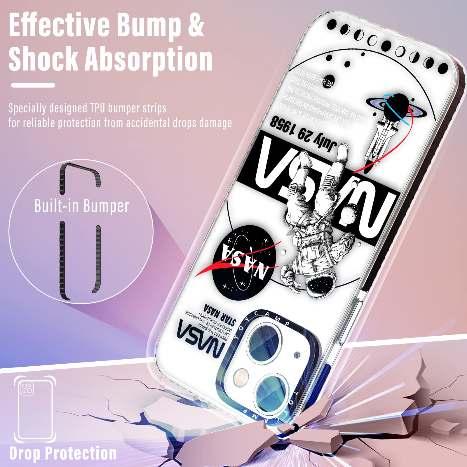 Toycamp For Iphone 13 Mini Case Astronaut Space Cute Cartoon Design For Men Boys Girls Teens Cool Nasa Cosmonaut Print Clear Cas