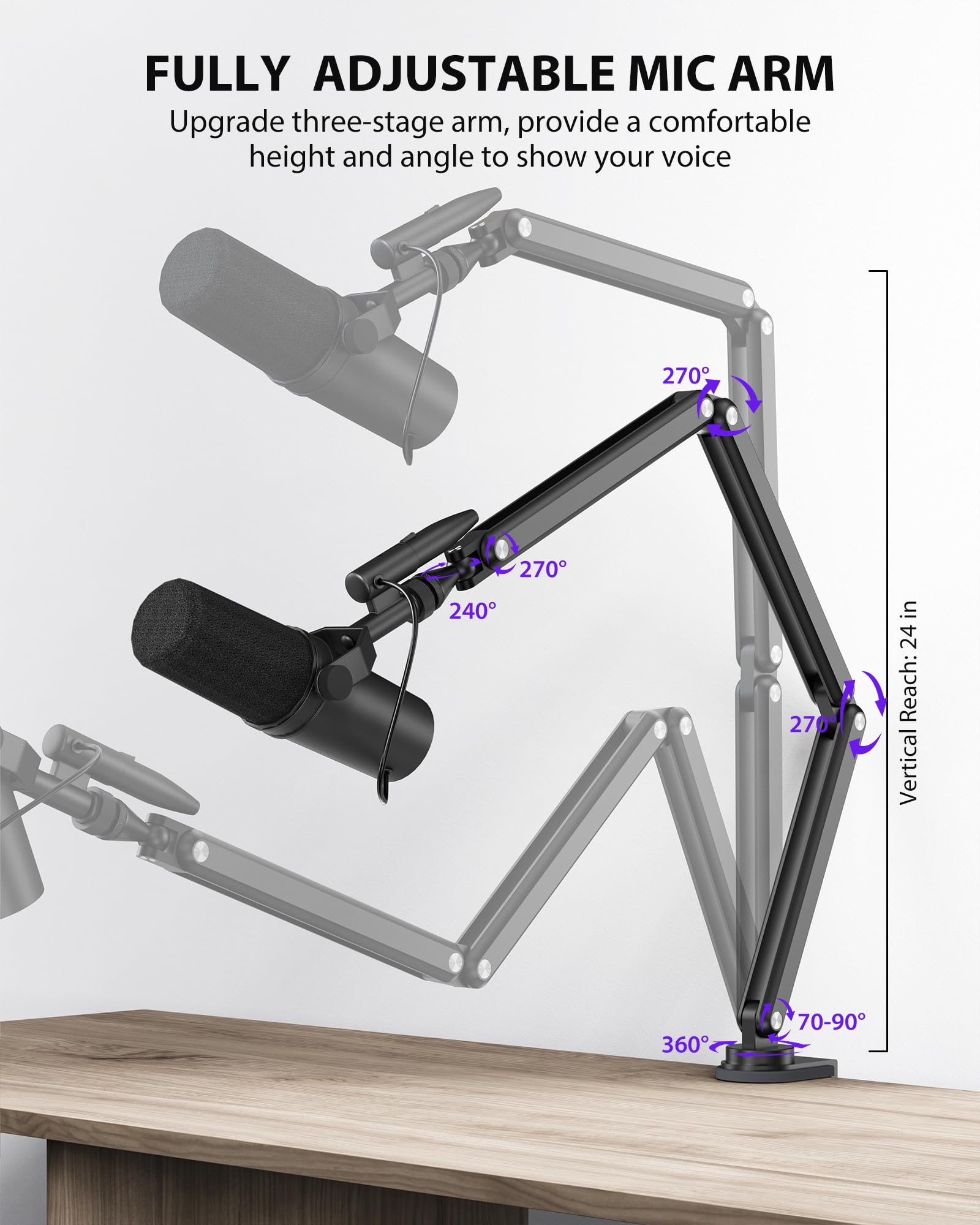 Ku Xiu Aluminum Alloy Boom Arm Microphone Stand For Desk, Three-Section Adjustable Mic Arm Mount With Cable Management Channels
