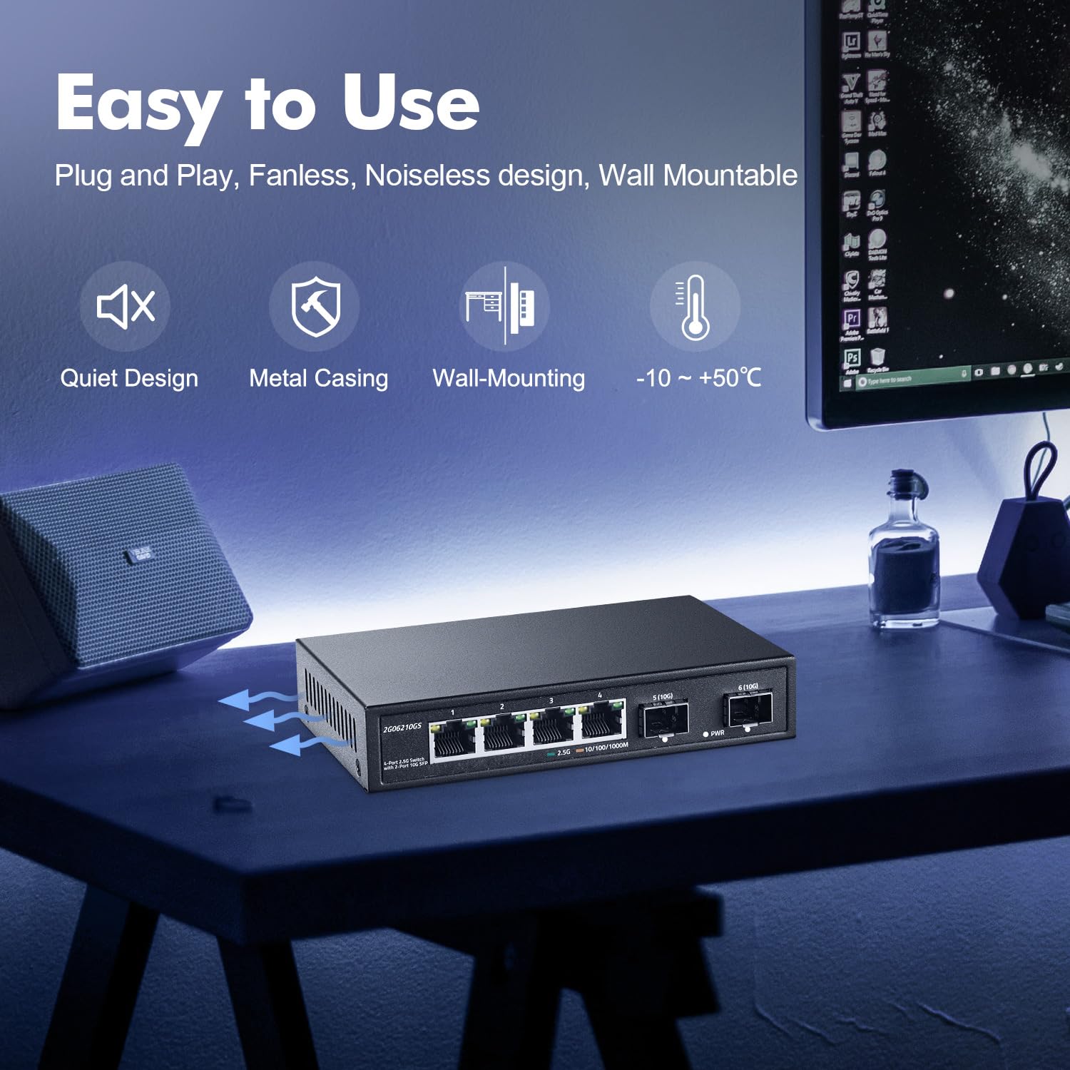 Yulinca 4 Port 2.5G Network Switch With 2X10G Sfp, 2.5Gbps Network Hub Ethernet Splitter, Compatible With 100/1000/2500Mbps, Mul