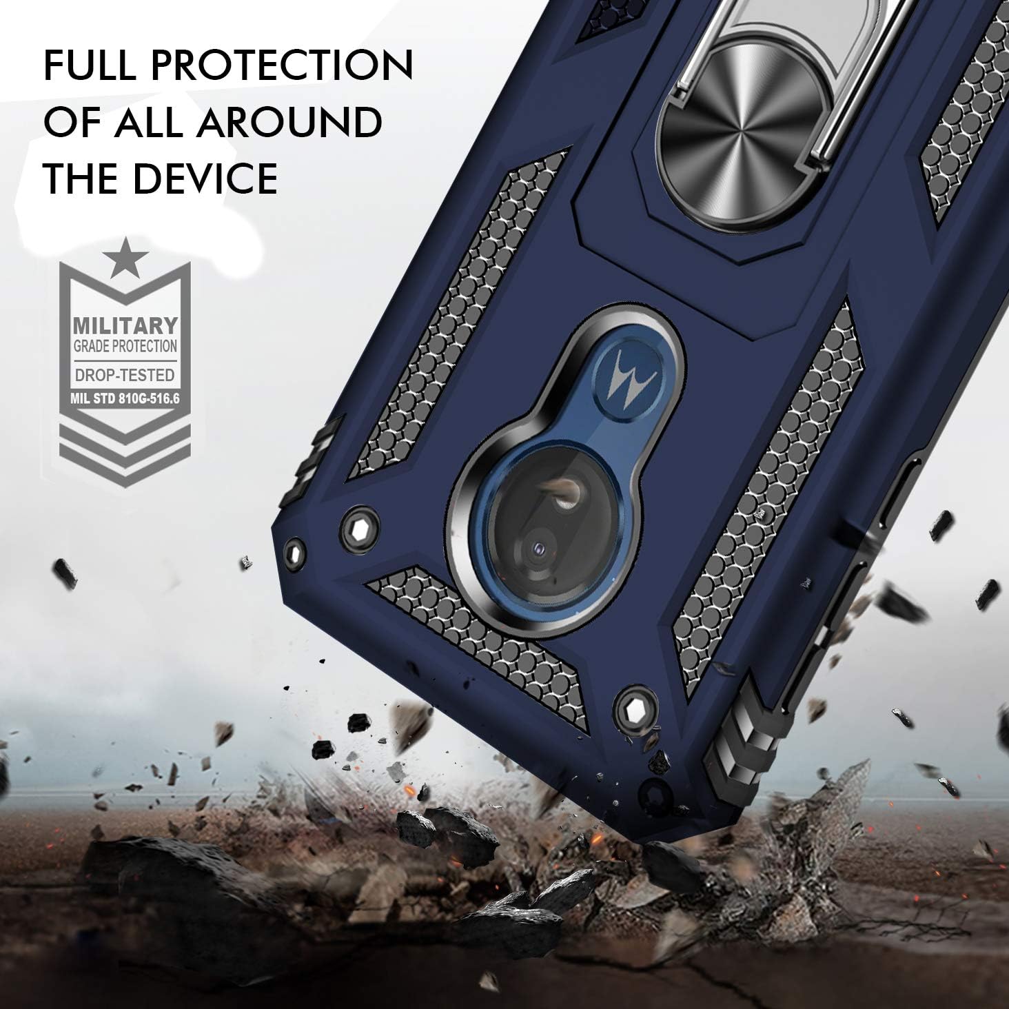 Meifei Moto G7 Power Case, Moto G7 Supra Case, Moto G7 Optimo Maxx Case, Military Grade 360 Degree Rotating Metal Ring Holder Ki