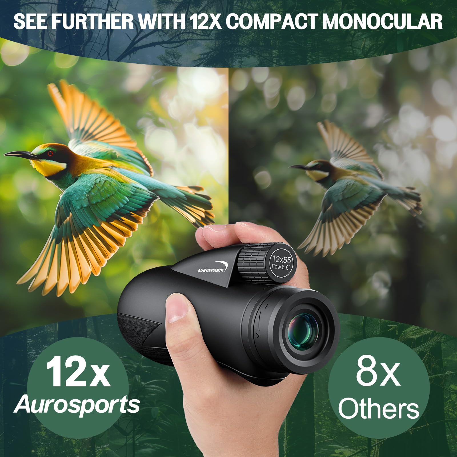 12X55 Monocular For Adults High Power   Aurosports Compact Portable Monoculars For Bird Watching   Hd Monoculars With Smartphone