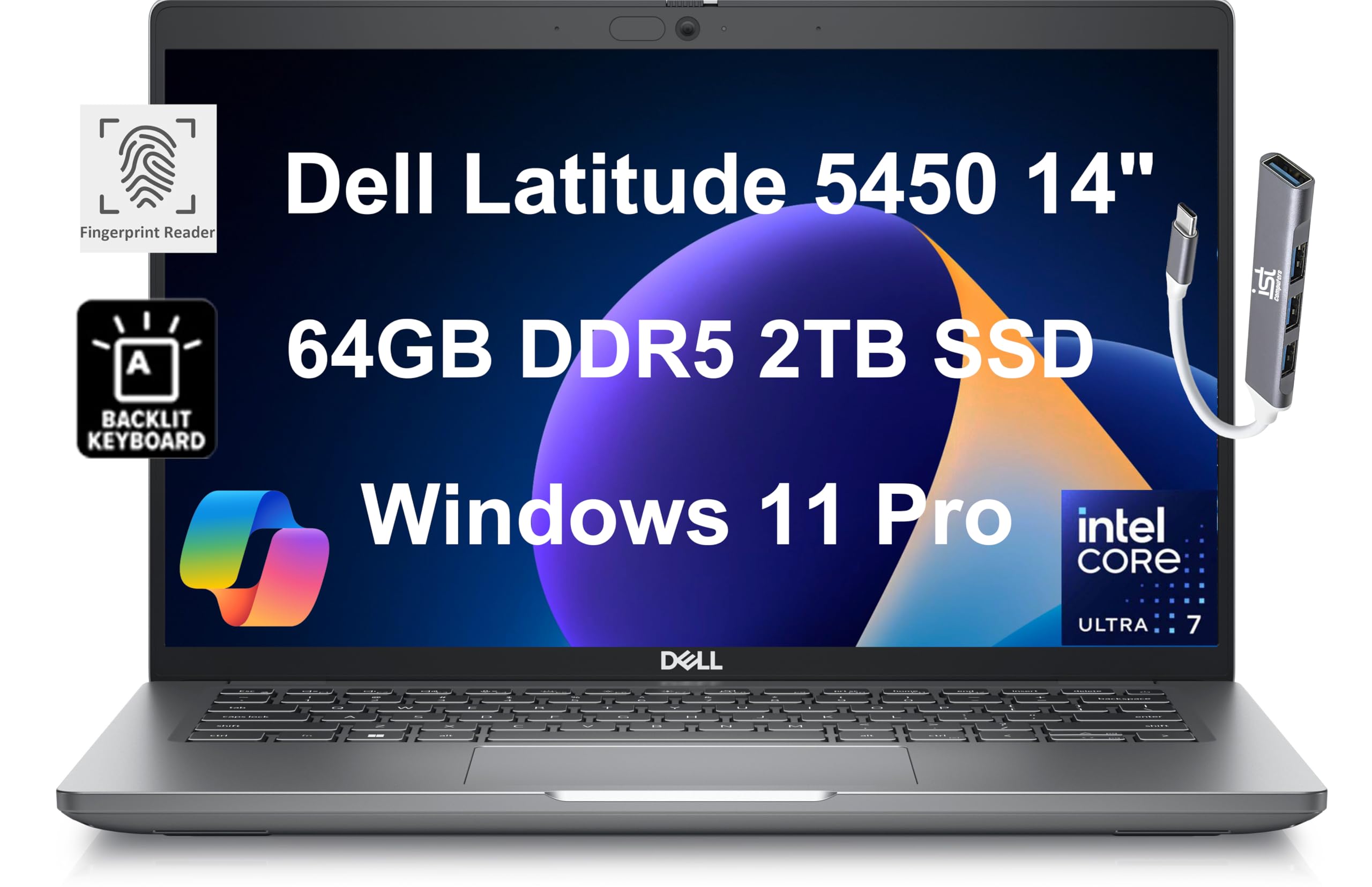 Dell Latitude 5450 5000 AI Business Laptop (14 FHD, Intel 12-Core Ultra 7 155U, 64GB DDR5, 2TB SSD) Backlit, 1080p IR/RGB Webcam