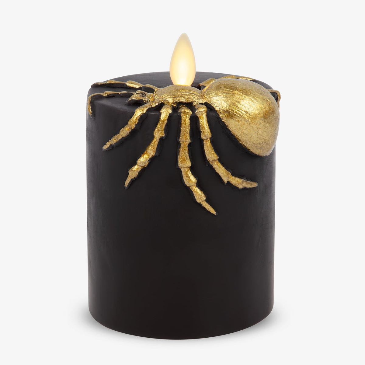 Luminara Black And Gold Spider Flameless Led Candle, Flat Top Moving Flame Pillar, Real Unscented Wax And Timer (3'' X 4.5'')
