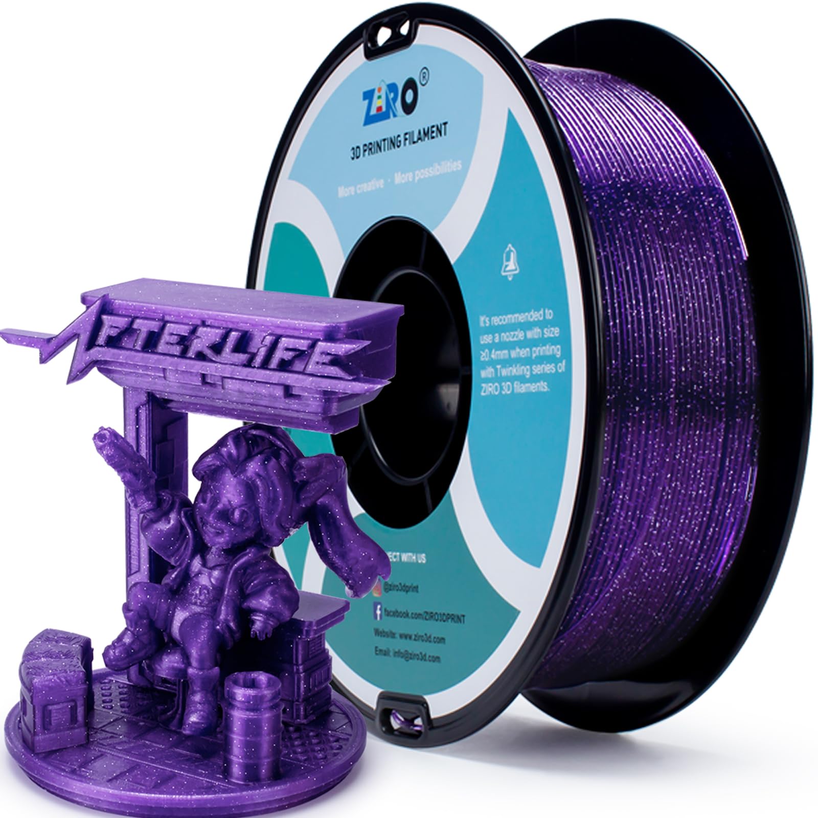 ZIRO PLA Filament 1.75mm, Shiny Sparkle Glitter with Transluent Base, Twinkling PLA Series 3D Printer Filament, Colorful Printin