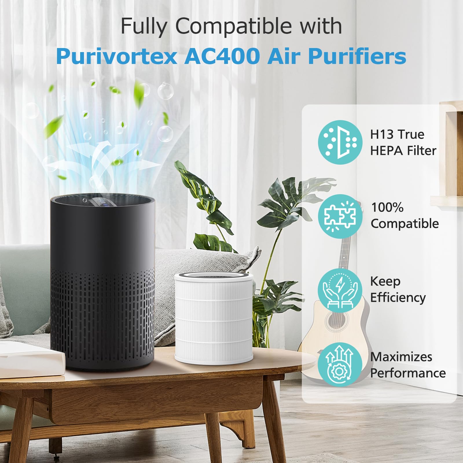 2 Pack Ac400 Air Purifiers Replacement Filter For Purivortex Ac400 Air Purifier, 3 In 1 H13 True Hepa Technology High Efficiency